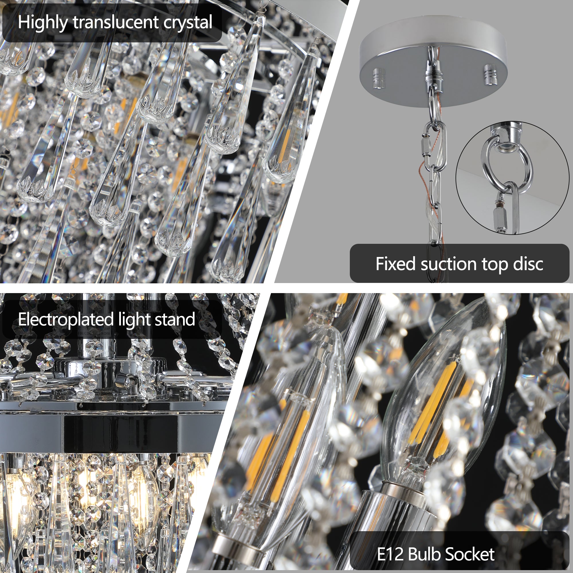 20" Chrome Crystal Chandelier with Adjustable Height Modern Ceiling Light Fixture