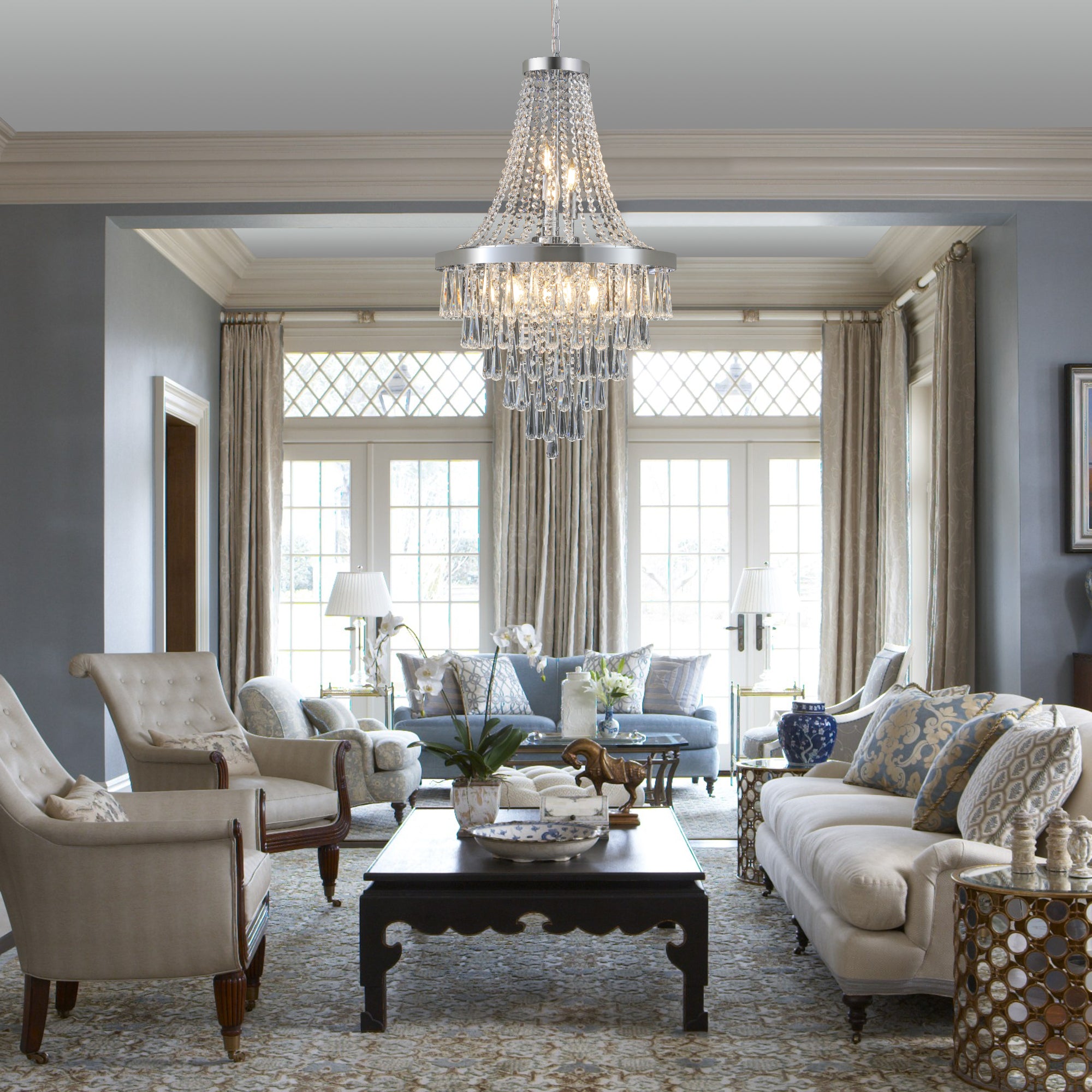 20" Chrome Crystal Chandelier with Adjustable Height Modern Ceiling Light Fixture