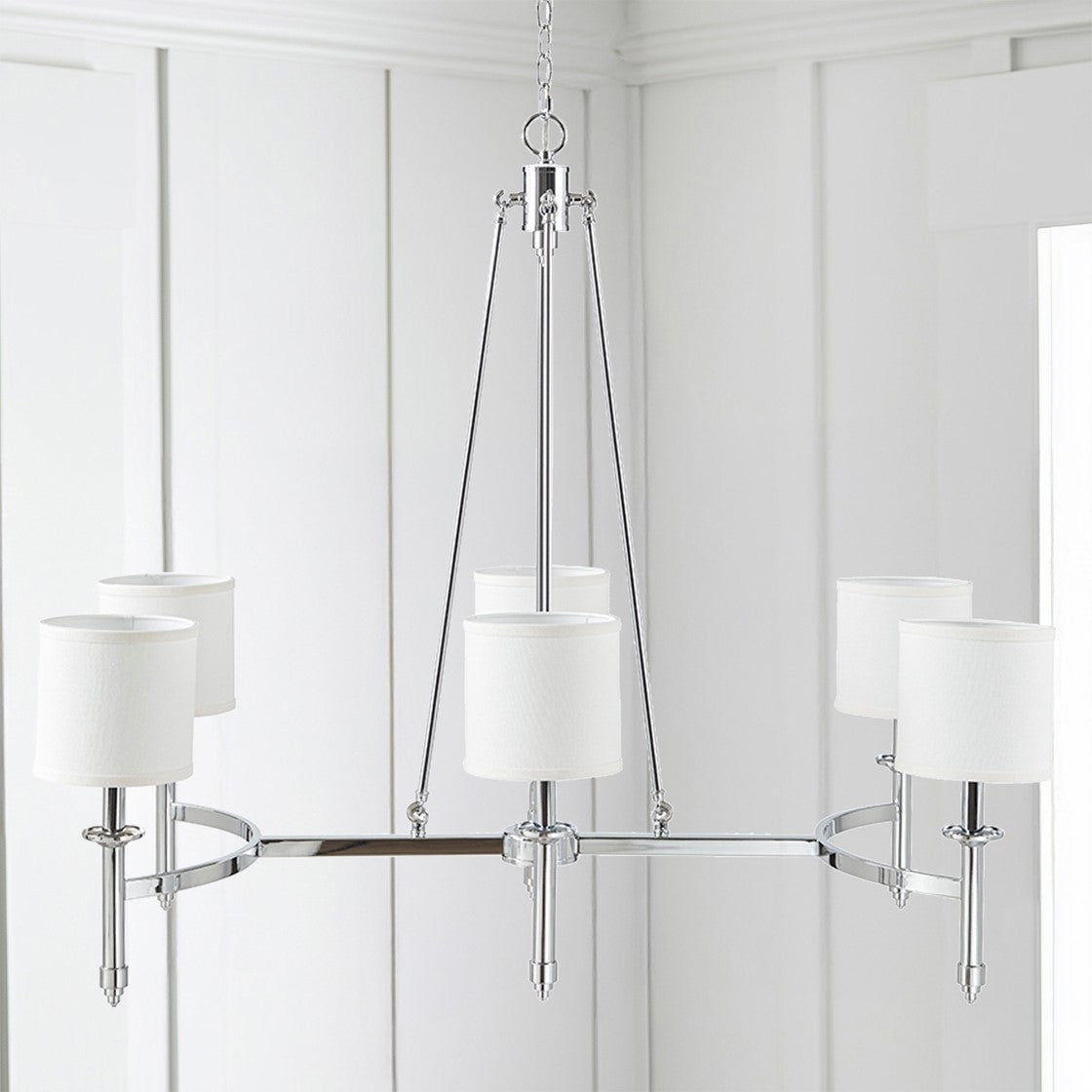 Antique Gold 6-Light Chandelier with Fabric Drum Shades Elegant Modern Ceiling Fixture for Dining & Living Spaces Chrome