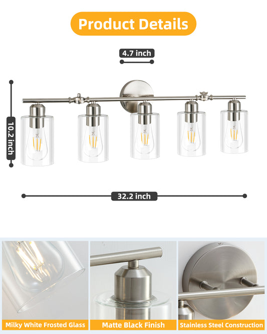 Bathroom Light Vanity Fixtures Over Mirror with Clear Glass Shade Wall Sconce Light E26 Base UL Listed