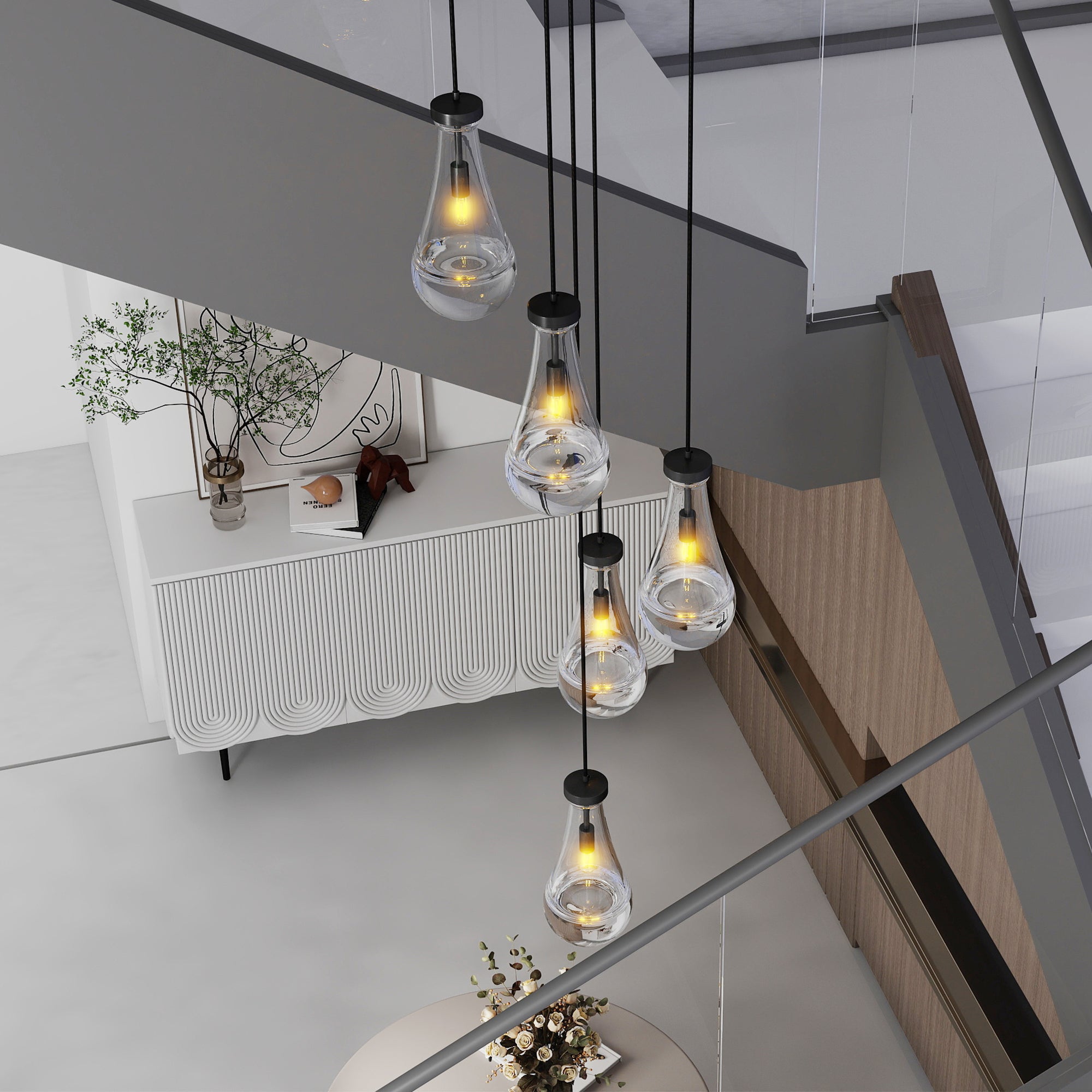 5-7-Light Cluster Large Pendant Lights High Ceiling Chandeliers Adjustable