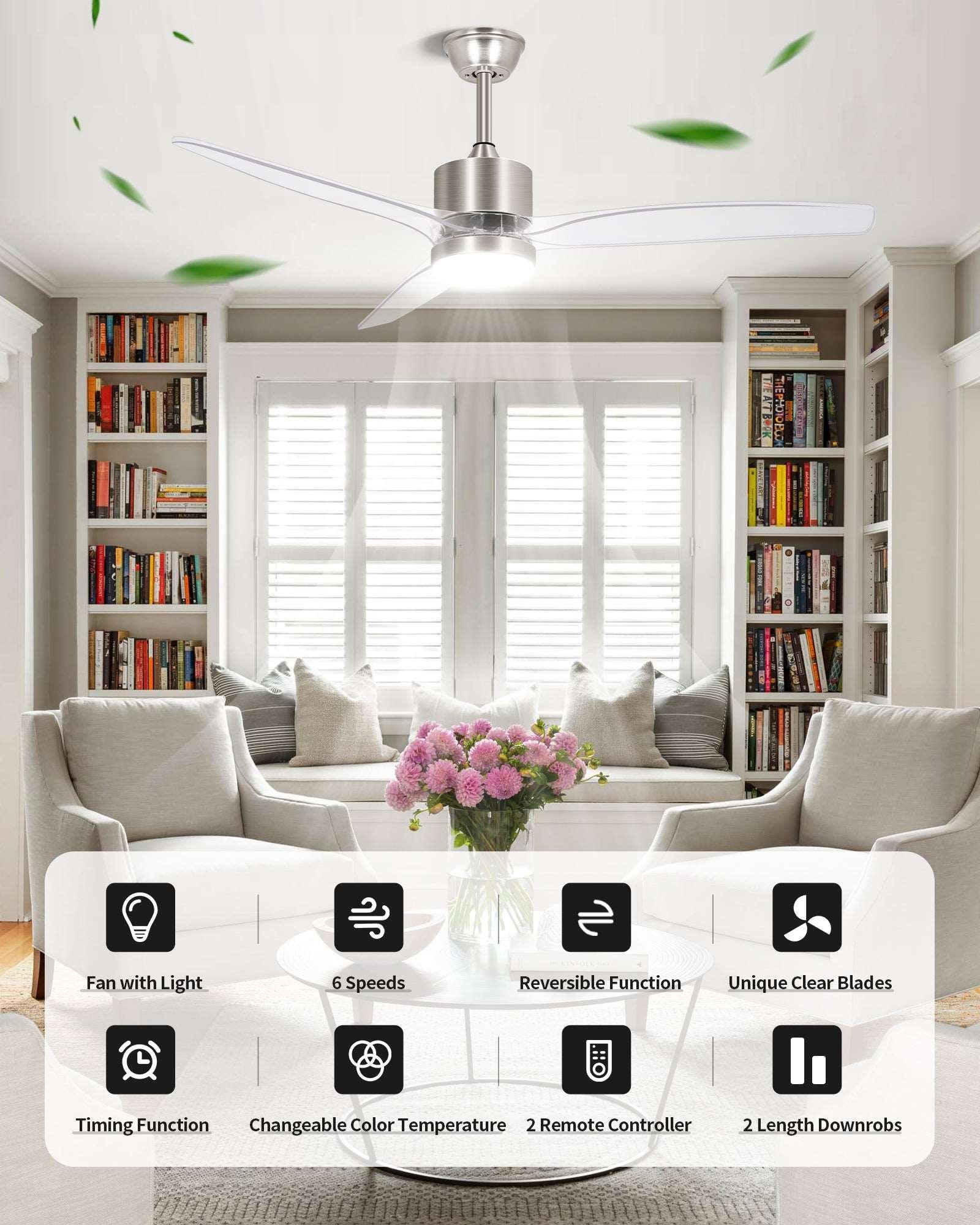 OKELI Clear Fan Blades Ceiling Fan with Light, 52 Inch Brushed Nickel Transparent Ceiling Fans 3 Reversible Blade - okeli lights