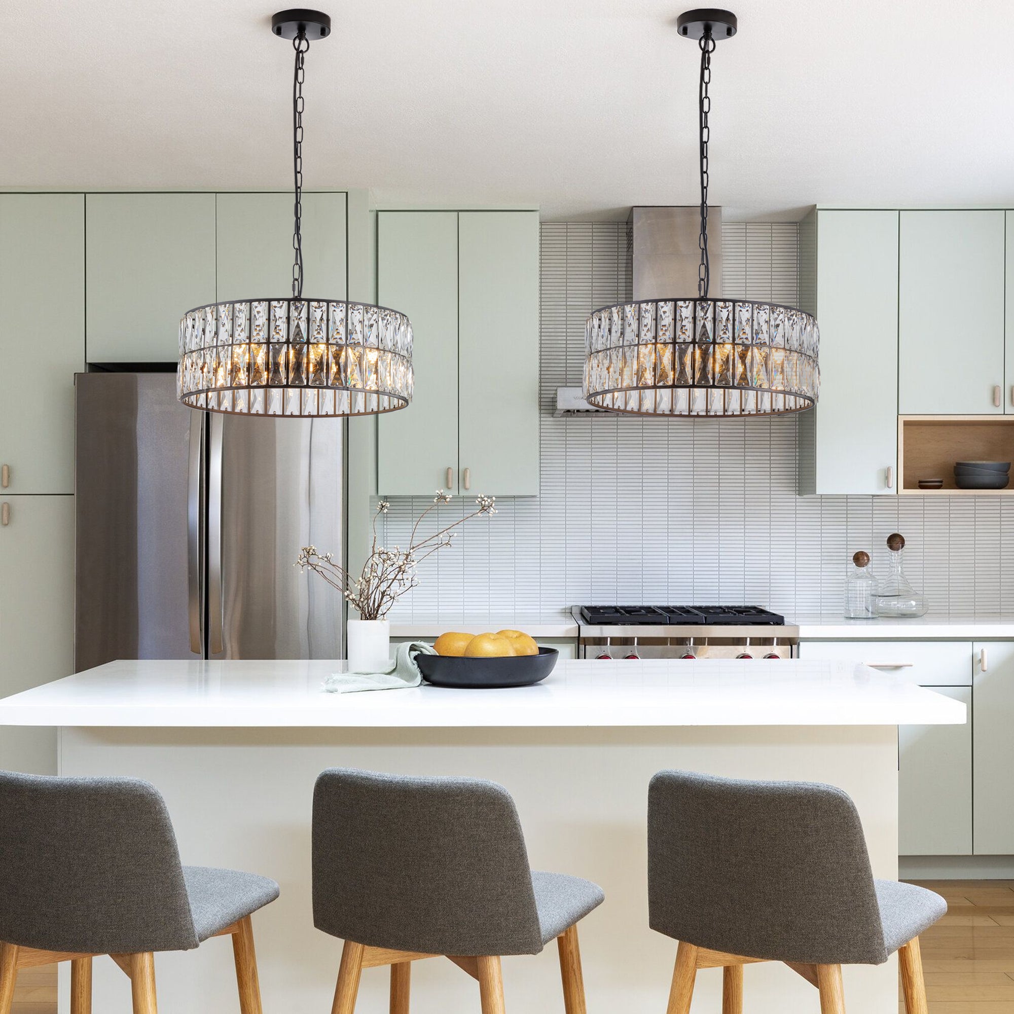 Modern Crystal Drum Chandelier Fixture with Metal Frame Large Contemporary Luxury Ceiling Lighting