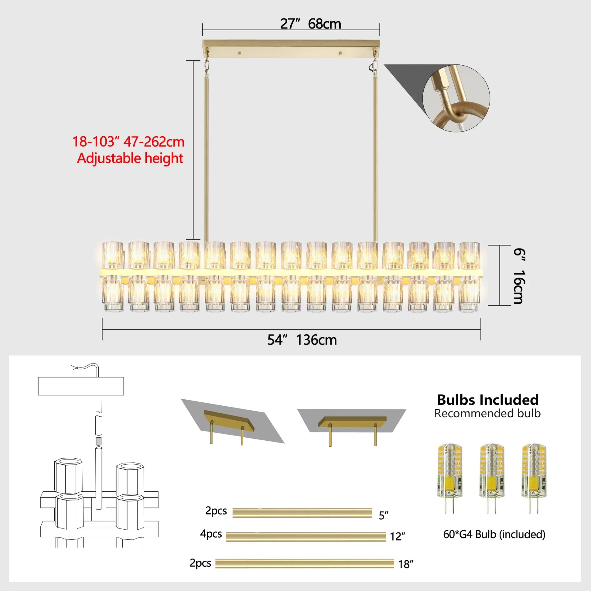 Crystal Brass Rectangle Chandeliers for Dining Room Gold Farmhouse Includes 60XG4 Bulbs - okeli lights