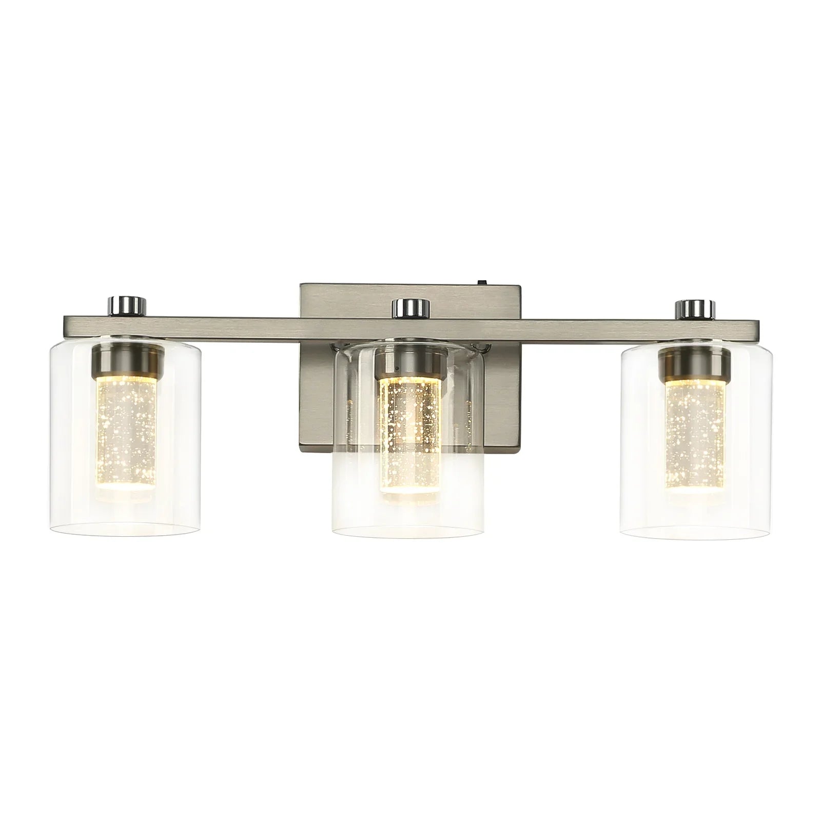 Crystal Brushed Nickel Bathroom Lighting Fixtures 3-Light Over Mirror with Glass Shade 3000-6000K LED Dimmable Wall Lamp - okeli lights
