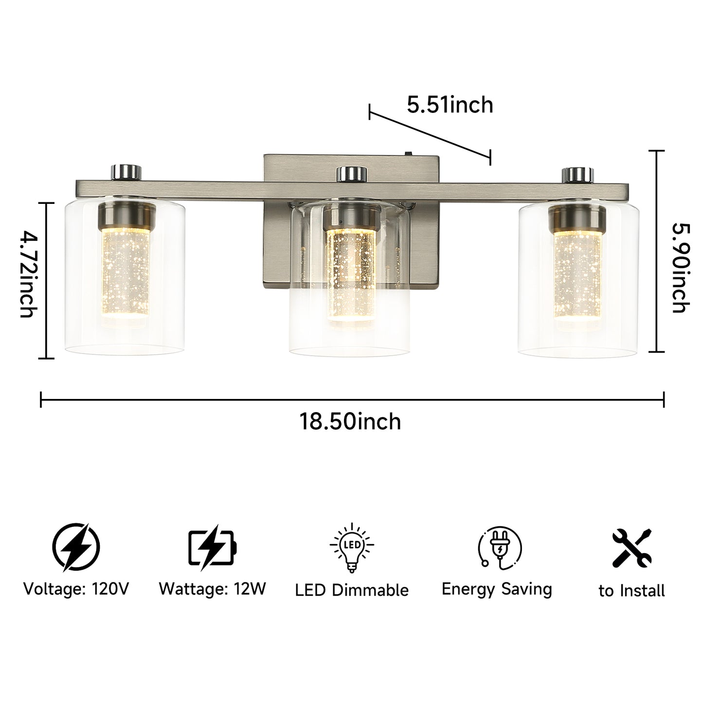 3-Light Bathroom Light Fixtures Crystal Brushed Nickel Over Mirror LED Vanity Lights Dimmable Wall Lamp - okeli lights