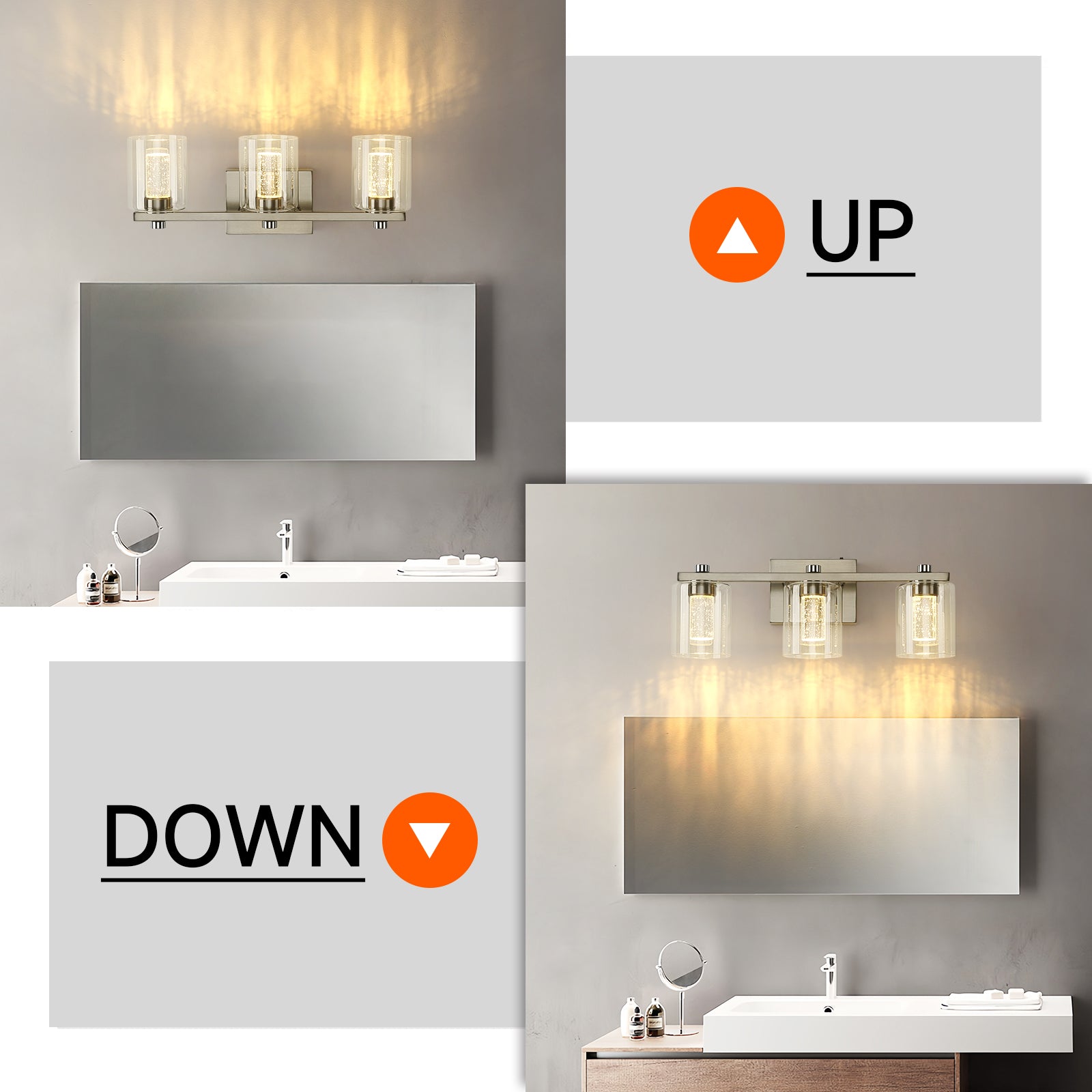 3-Light Bathroom Light Fixtures Crystal Brushed Nickel Over Mirror LED Vanity Lights Dimmable Wall Lamp - okeli lights