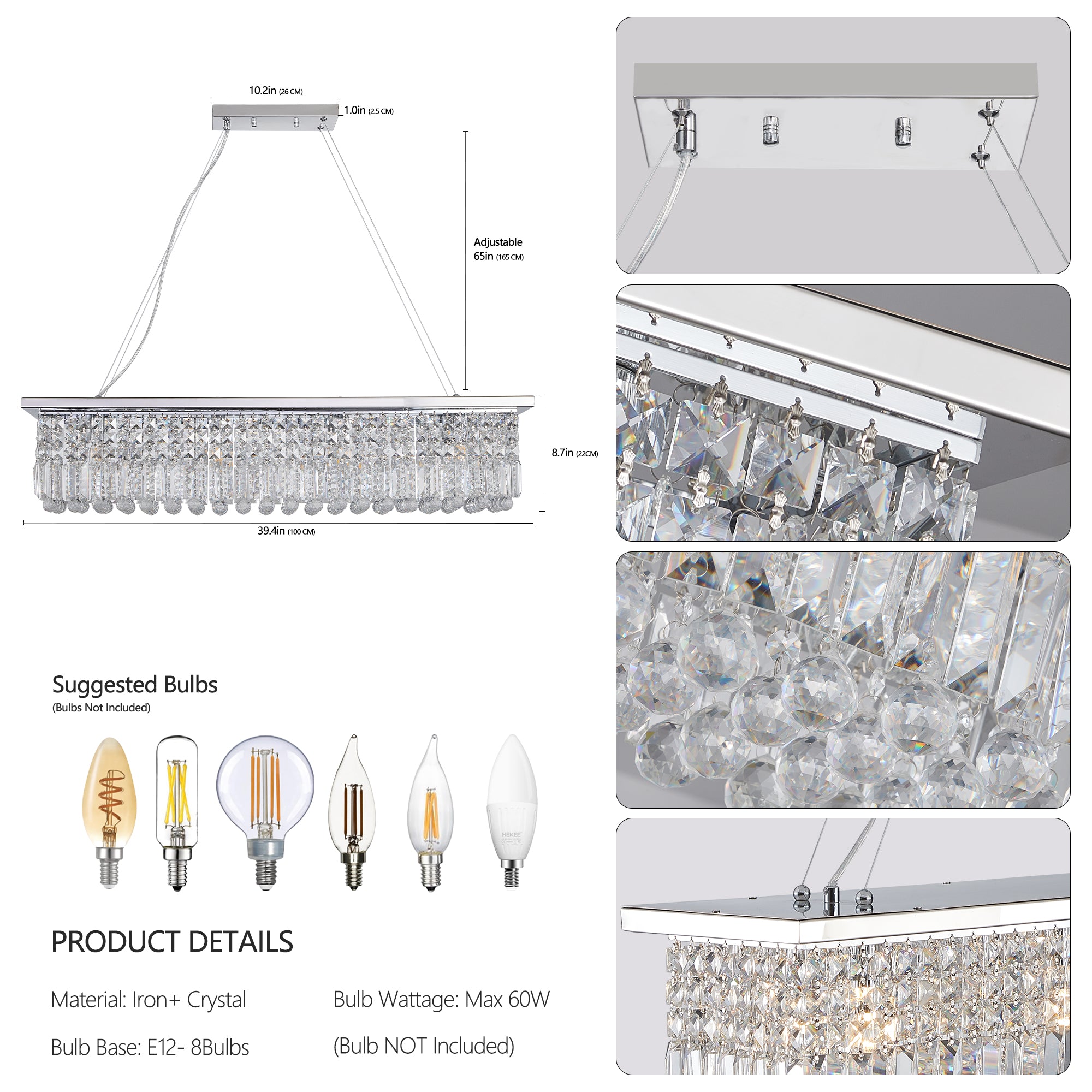 Crystal Chandelier 8-Light White Rectangle Raindrop Contemporary Rectangular Fixture
