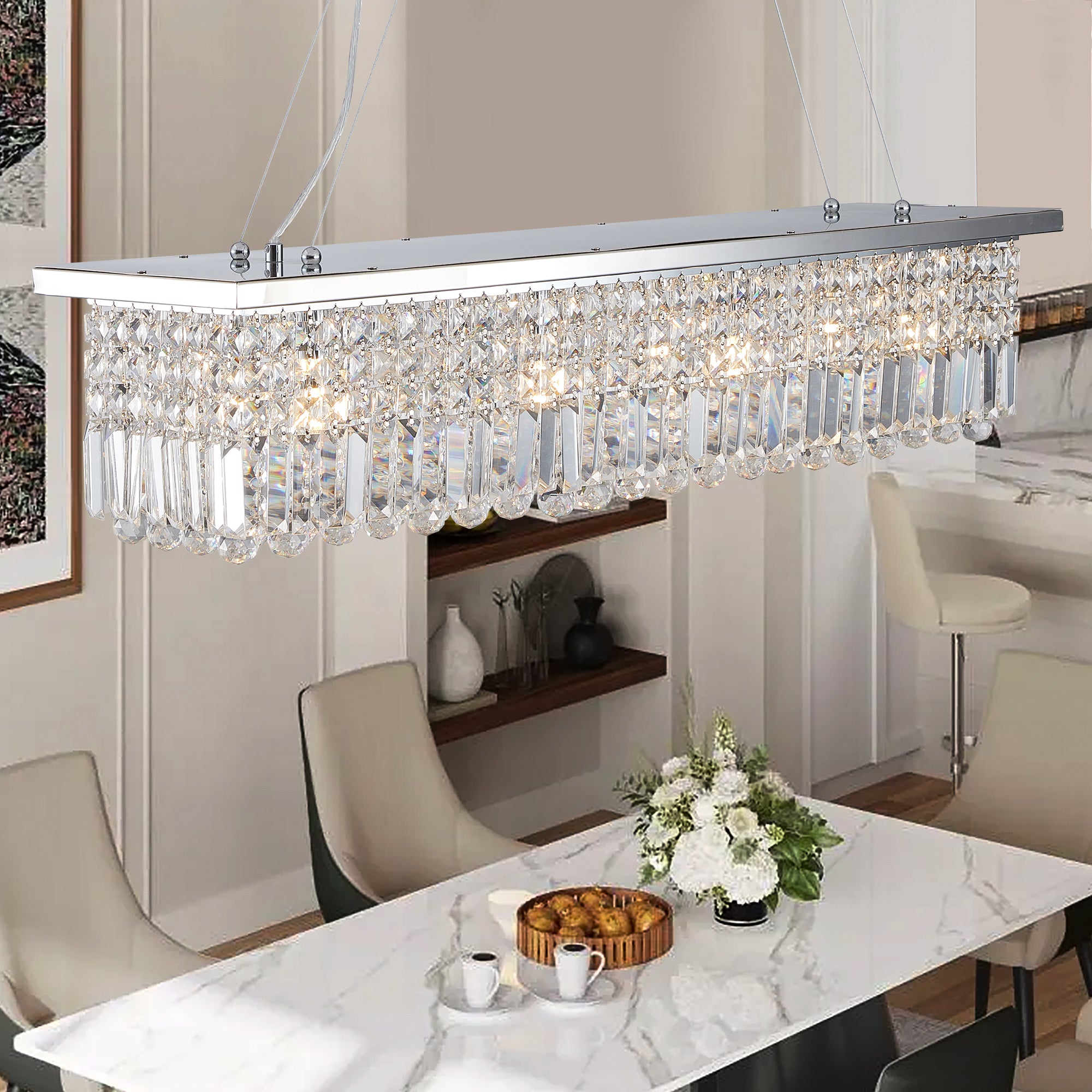 Crystal Chandelier 8-Light White Rectangle Raindrop Contemporary Rectangular Fixture