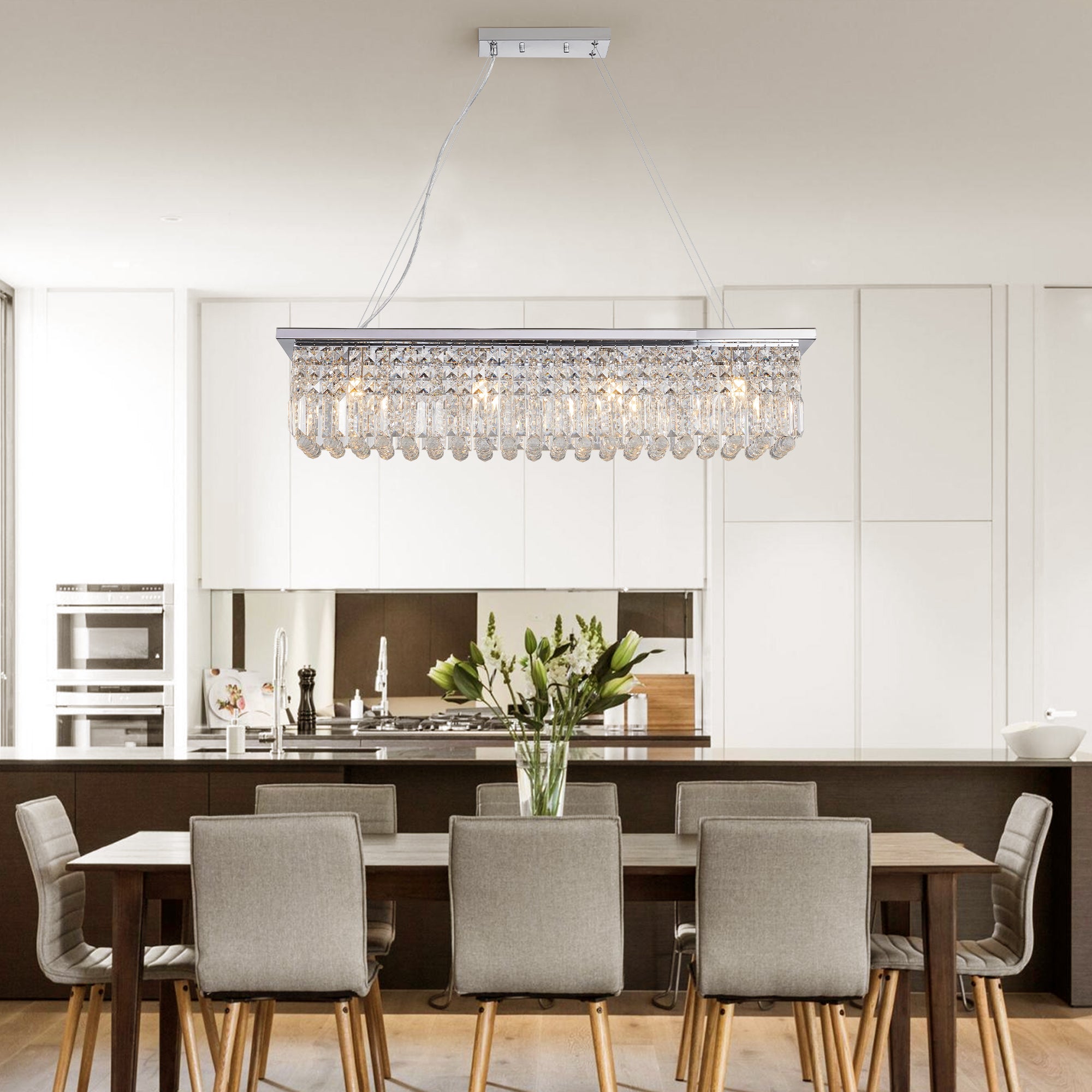 Crystal Chandelier 8-Light White Rectangle Raindrop Contemporary Rectangular Fixture