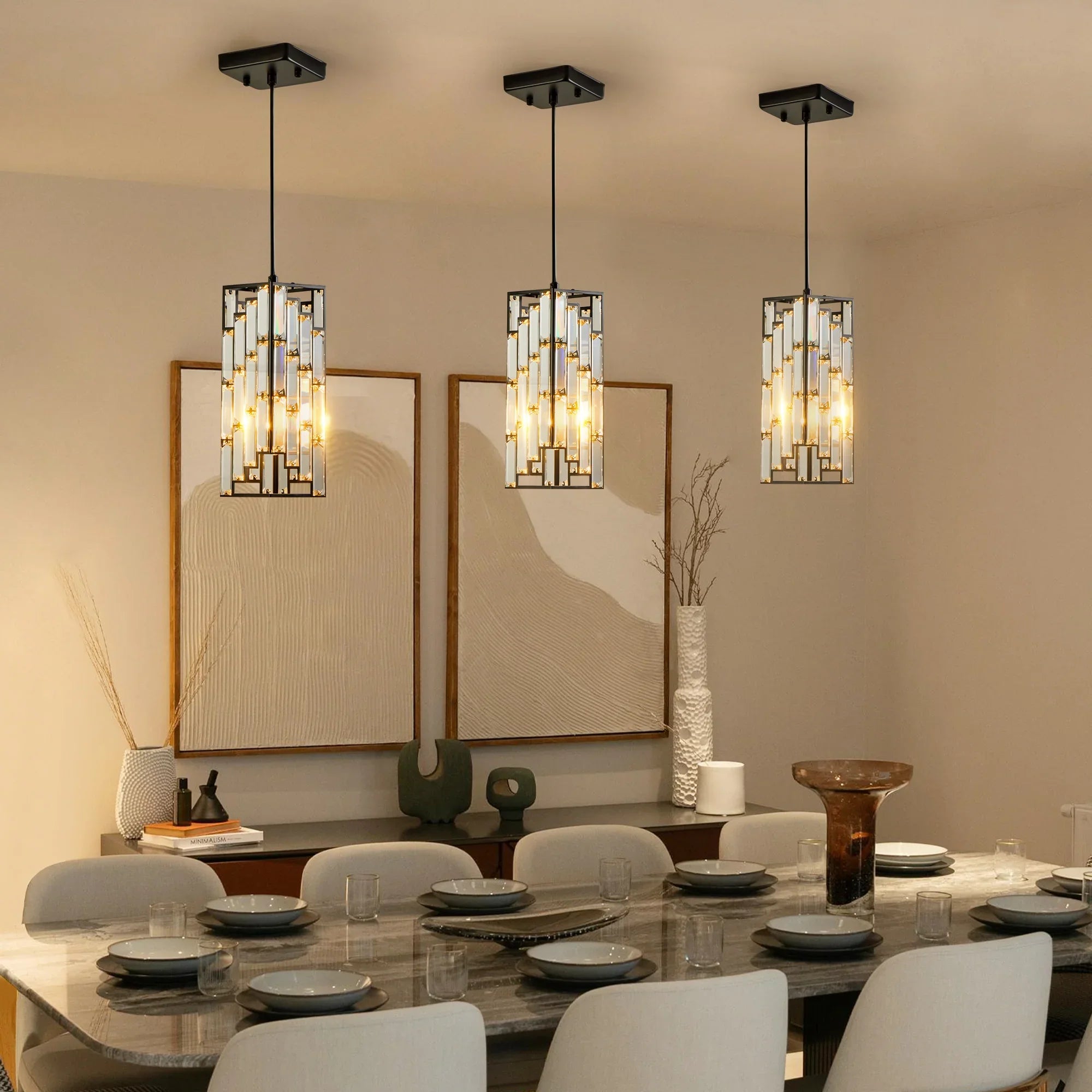 Modern Classic Crystal Pendant Light 3Pack Adjustable Hanging Ceiling Lamp with Crystal Prism Design - okeli lights