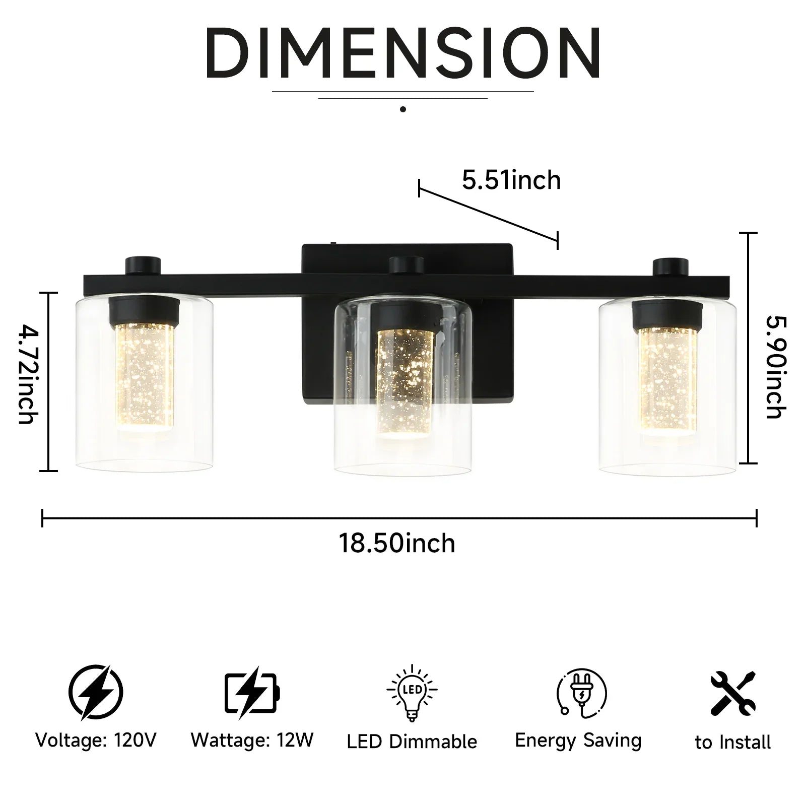 Crystal Sand Black Bathroom Vanity Lighting Fixtures Over Mirror with Glass Shade 3000-6000K LED Lights Dimmable Wall Lamp - okeli lights