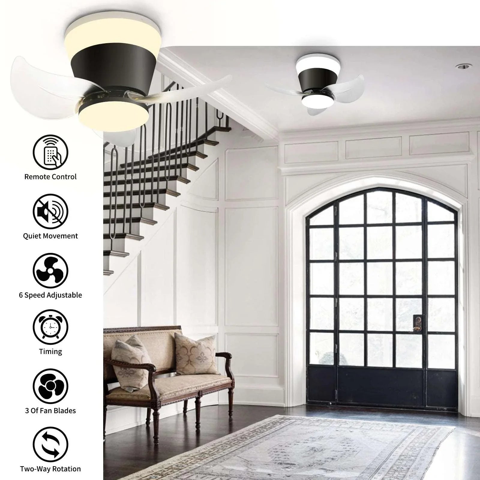 OKELI Modern Small Ceiling Fan with Light and Remote Black APP Control - okeli lights