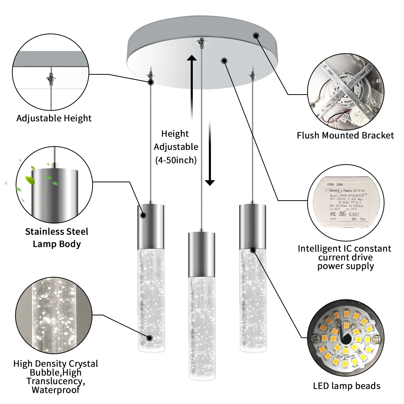 Dimmable LED Round 3-Light Pendant Light Modern Bubble Crystal Island Light Fixture - okeli lights