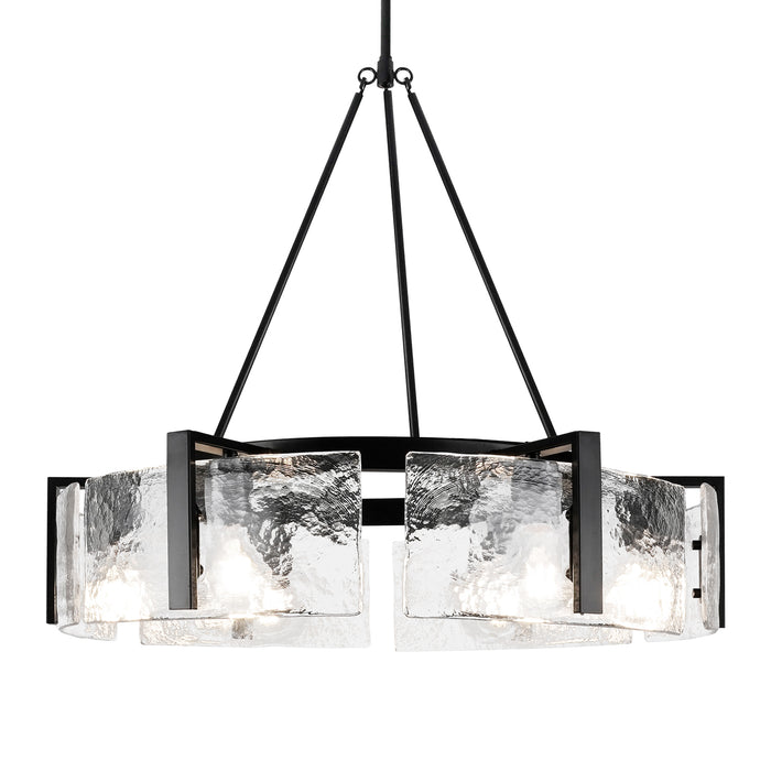 Black frame and glass shades on a chandelier