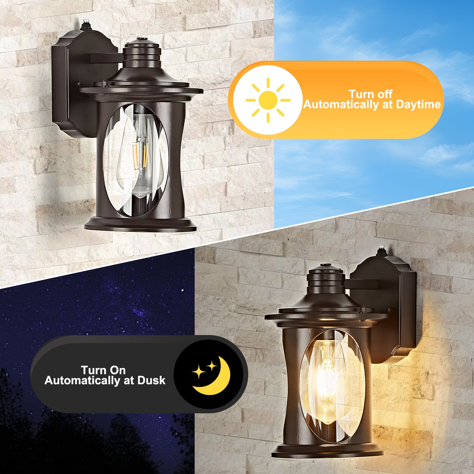 OKELI Dusk to Dawn Outdoor Wall Light – Waterproof, Rust-Resistant Porch & Garage Lantern, E26 Socket, Brown/Black