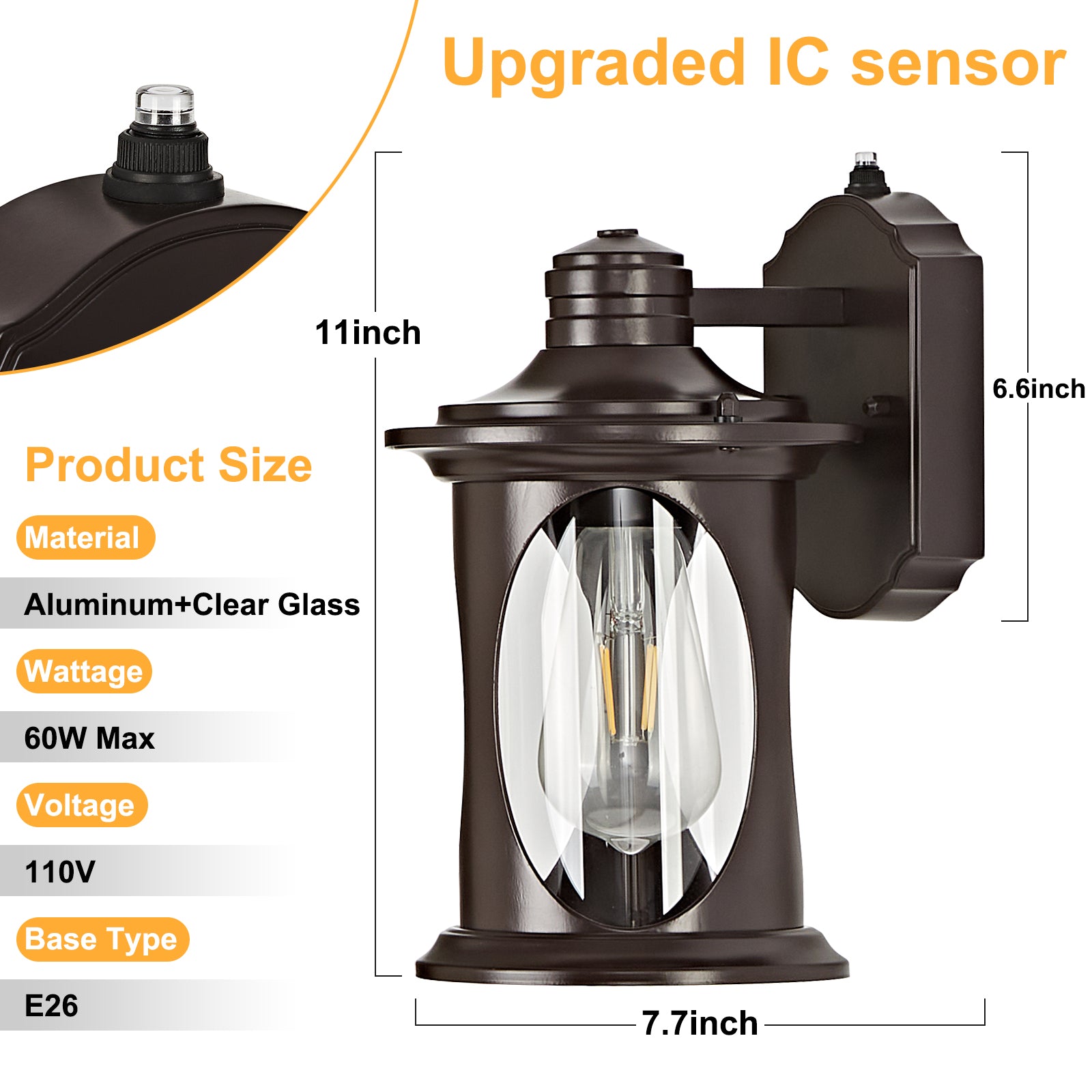 OKELI Dusk to Dawn Outdoor Wall Light – Waterproof, Rust-Resistant Porch & Garage Lantern, E26 Socket, Brown/Black