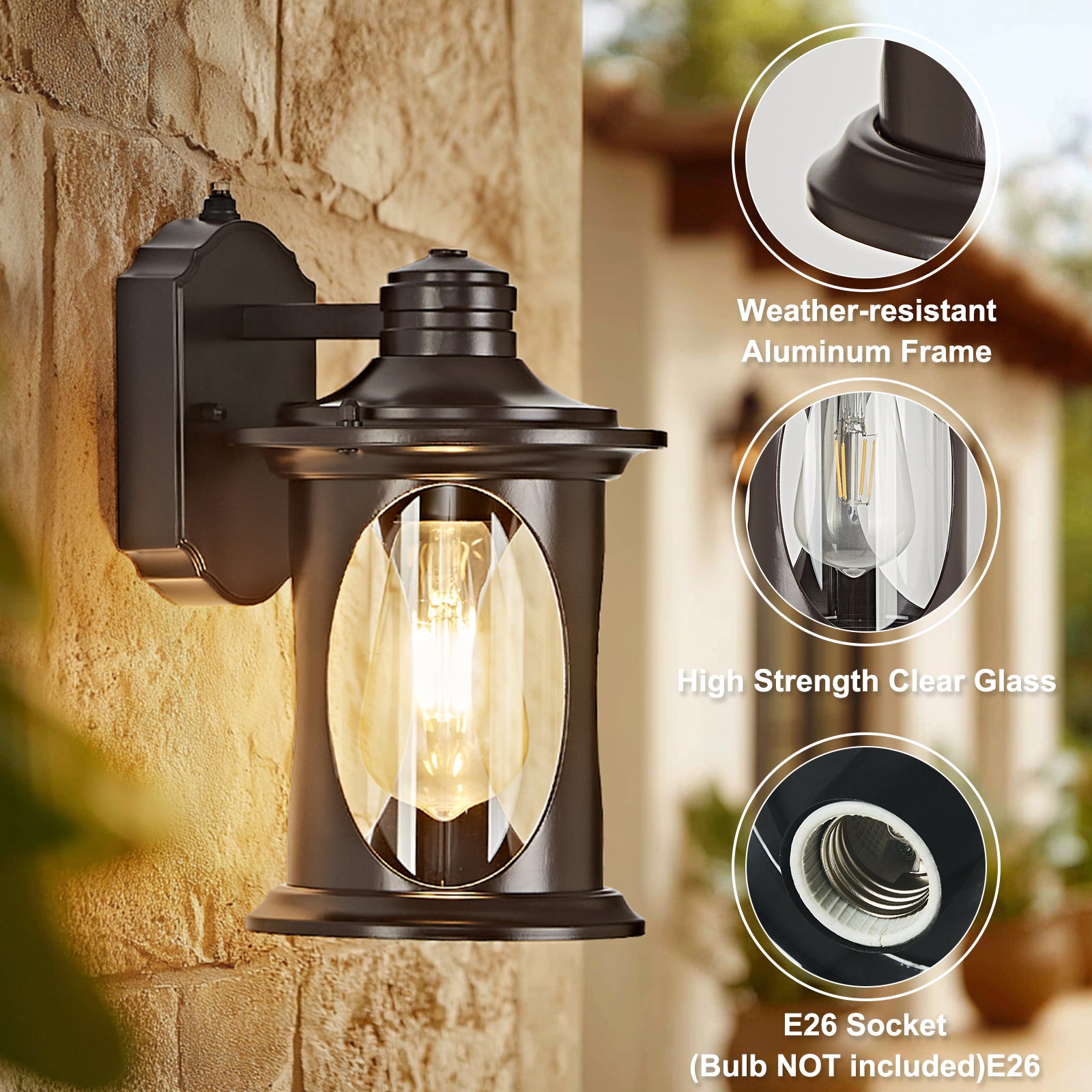 OKELI Dusk to Dawn Outdoor Wall Light – Waterproof, Rust-Resistant Porch & Garage Lantern, E26 Socket, Brown/Black