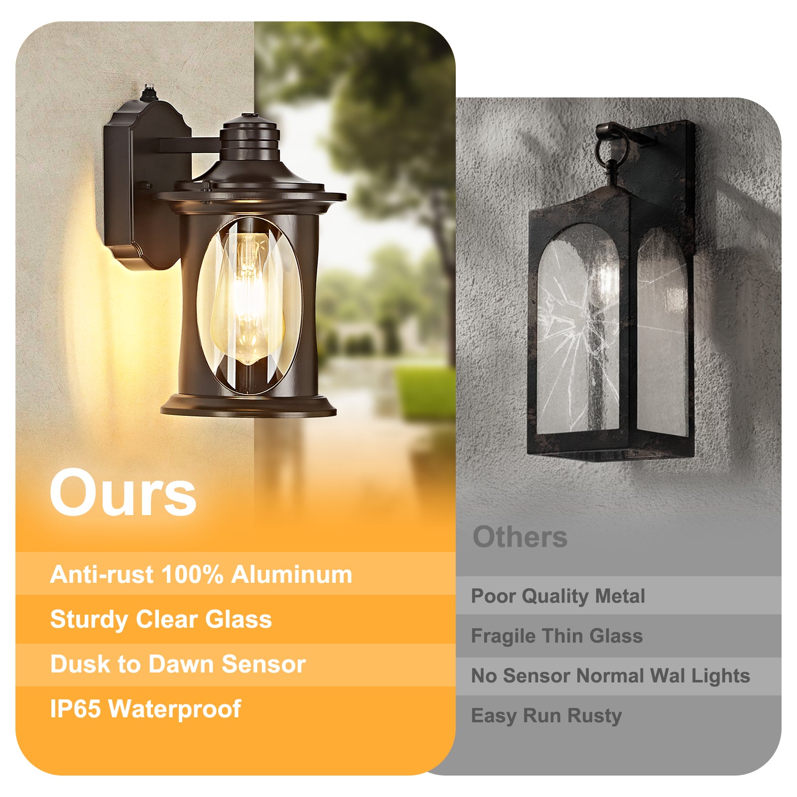 OKELI Dusk to Dawn Outdoor Wall Light – Waterproof, Rust-Resistant Porch & Garage Lantern, E26 Socket, Brown/Black