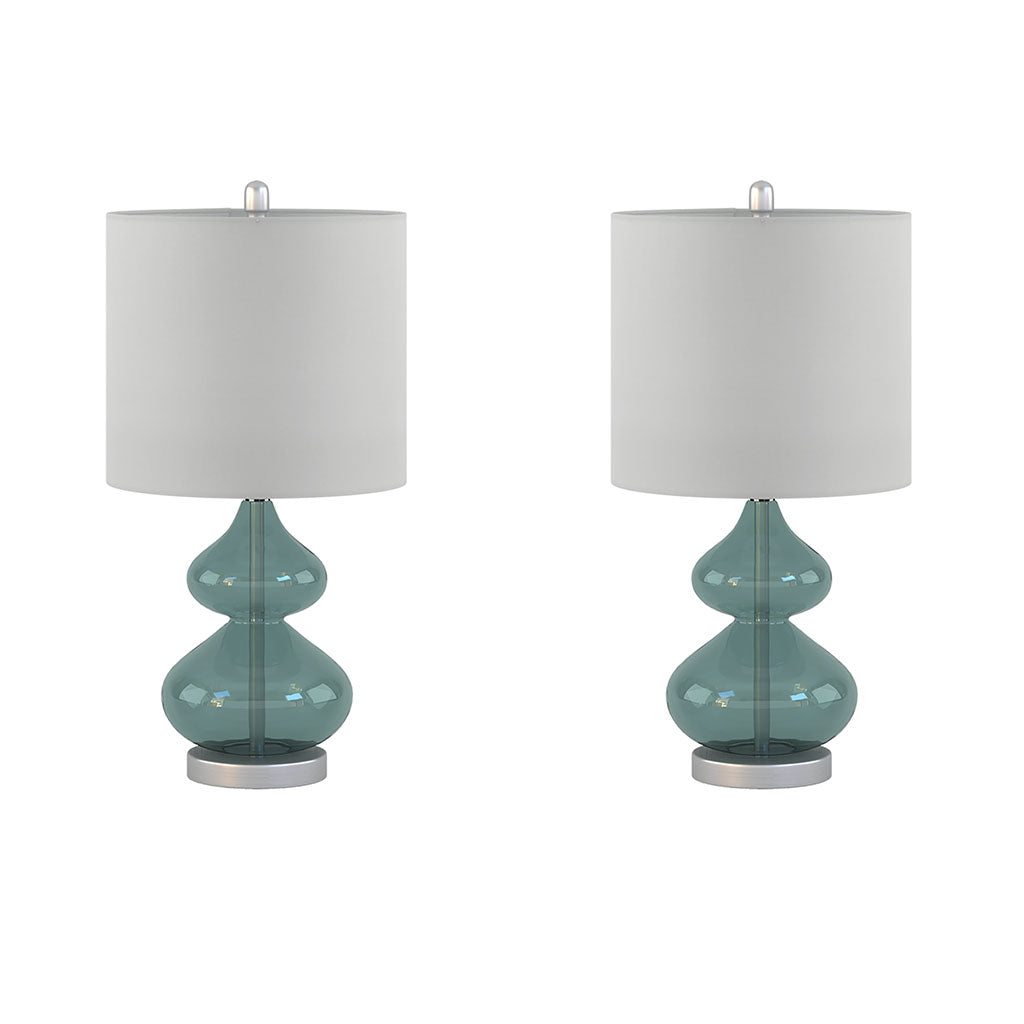 Ellipse Curved Glass Table Lamps 2Pack Blue and Gold Glass with White Drum Shade for Bedroom & Living Room