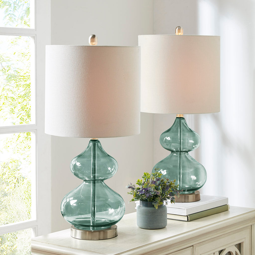 Ellipse Curved Glass Table Lamps 2Pack Blue and Gold Glass with White Drum Shade for Bedroom & Living Room