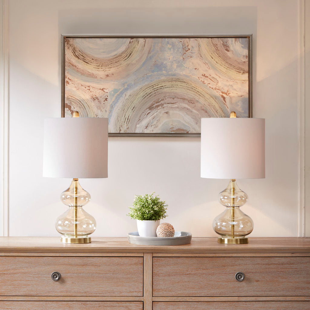 Ellipse Curved Glass Table Lamps 2Pack Blue and Gold Glass with White Drum Shade for Bedroom & Living Room Gold