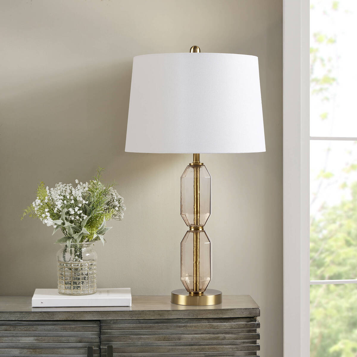 Faceted Glass Table Lamp with White Fabric Shade Modern Brown & Green Accent Lamp with Gold Base