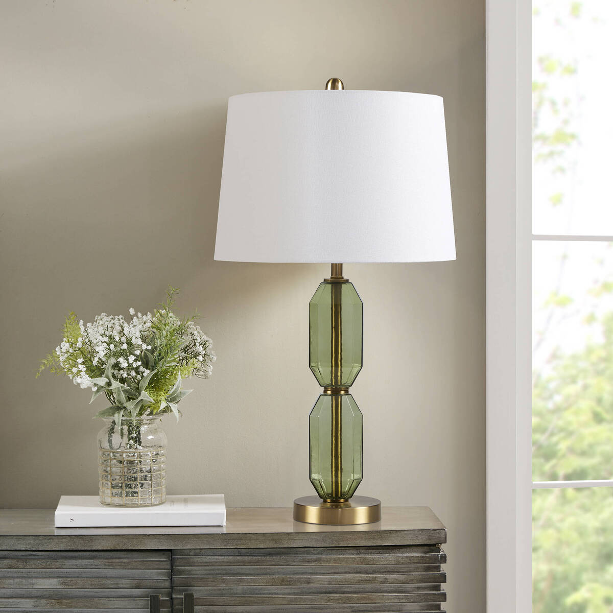 Faceted Glass Table Lamp with White Fabric Shade Modern Brown & Green Accent Lamp with Gold Base