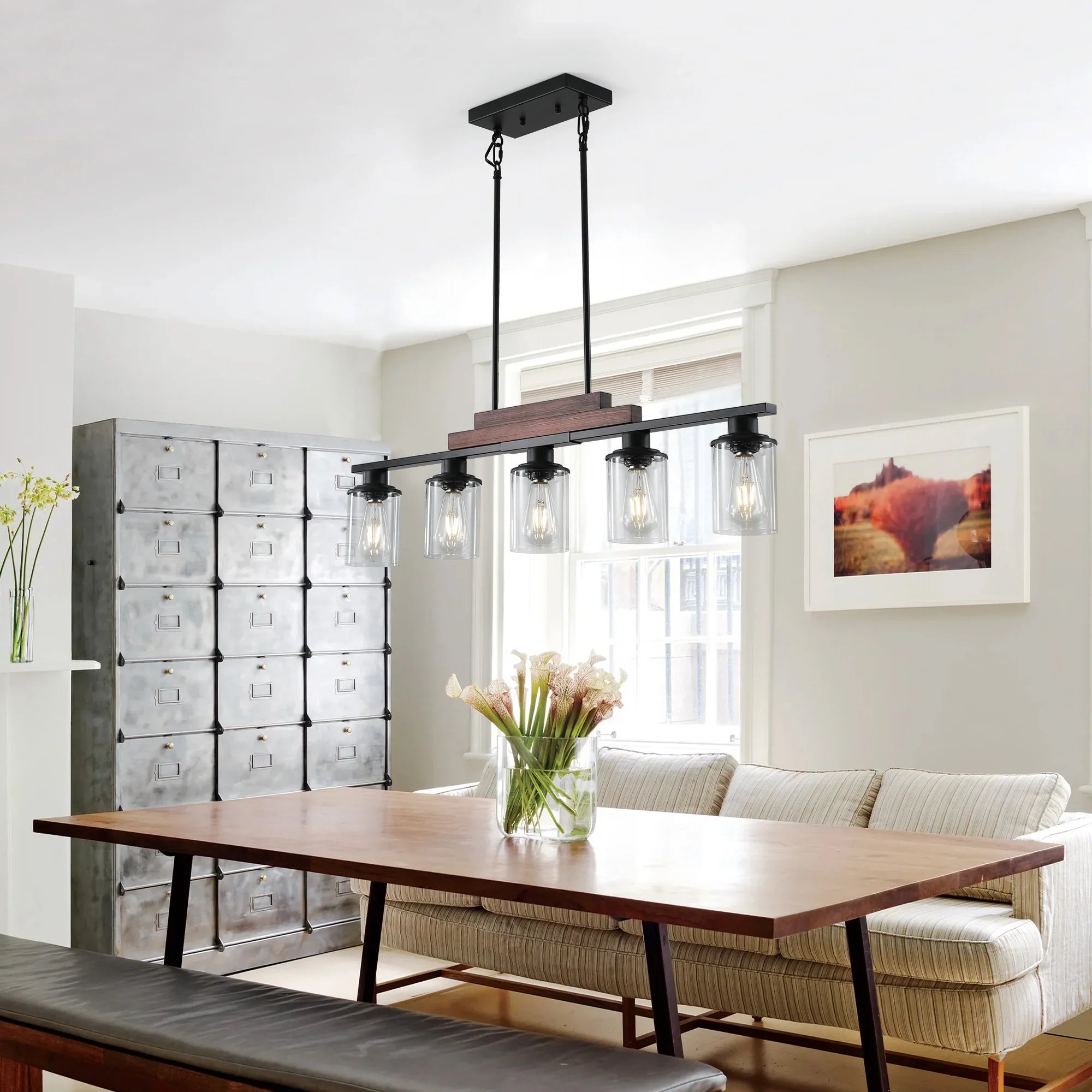 37" Farmhouse Industrial 5-Light Kitchen Island Pendant Light, Metal Wood Chandelier with Clear Glass Shades, Adjustable Height Hanging Fixture for Dining Room, Living Room, Kitchen - okeli lights