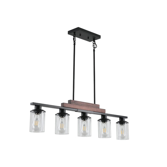 37" Farmhouse Industrial 5-Light Kitchen Island Pendant Light, Metal Wood Chandelier with Clear Glass Shades, Adjustable Height Hanging Fixture for Dining Room, Living Room, Kitchen - okeli lights