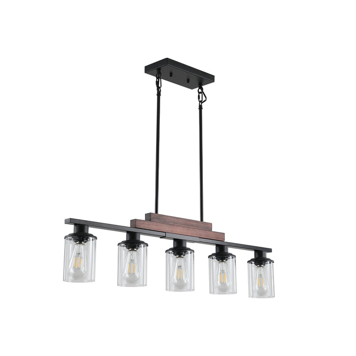 37" Farmhouse Industrial 5-Light Kitchen Island Pendant Light, Metal Wood Chandelier with Clear Glass Shades, Adjustable Height Hanging Fixture for Dining Room, Living Room, Kitchen