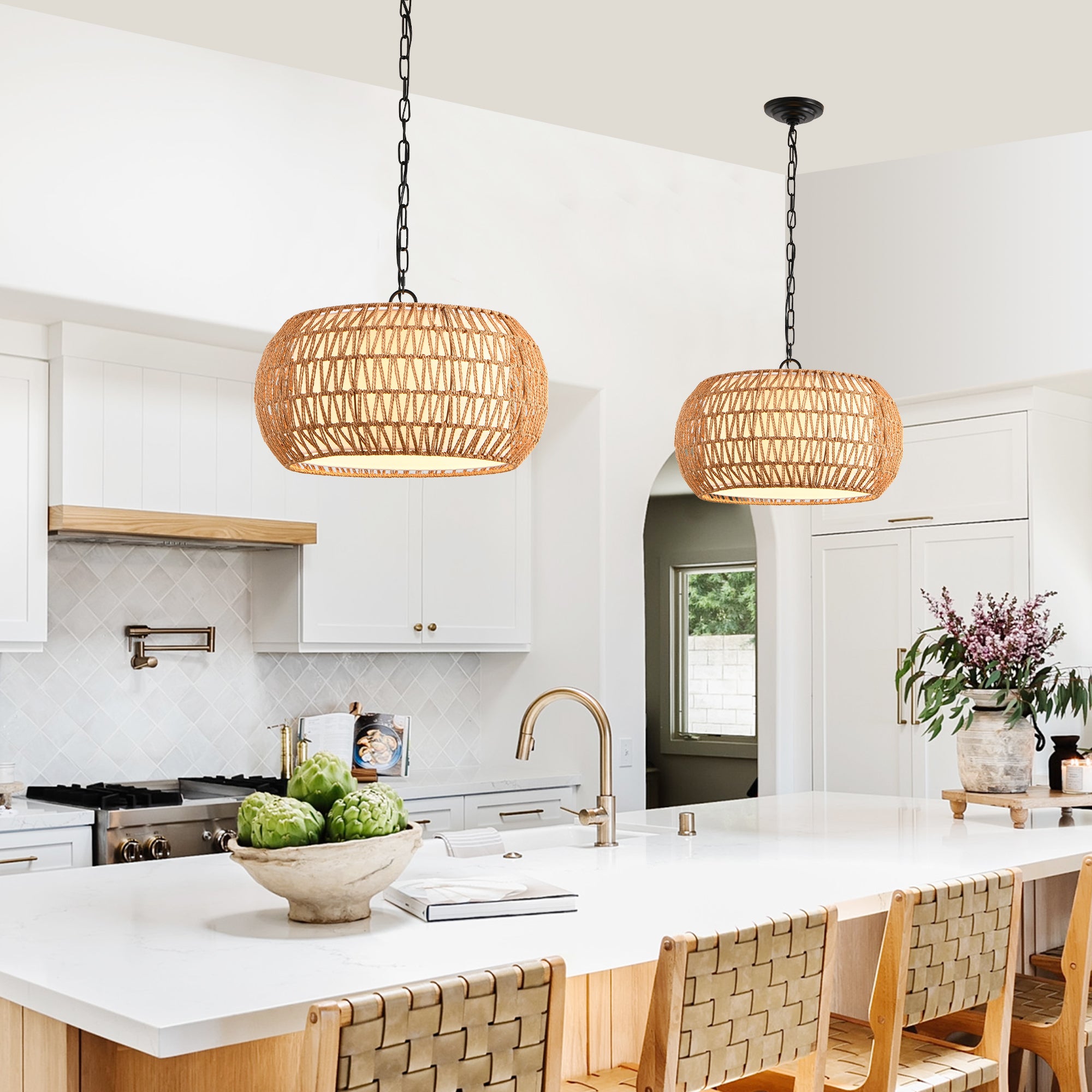 Farmhouse Pendant Light with Adjustable Height, Boho Woven Jute Rope Hanging Ceiling Light Fixture