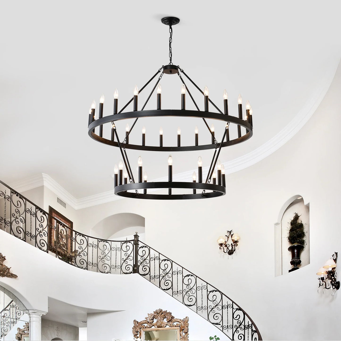 Farmhouse Wagon Wheel Chandelier 36-Light Adjustable Height Black Metal for High Ceiling Living Dining Room - okeli lights