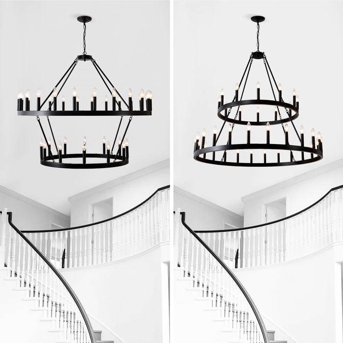 Farmhouse Wagon Wheel Chandelier 36-Light Adjustable Height Black Metal for High Ceiling Living Dining Room