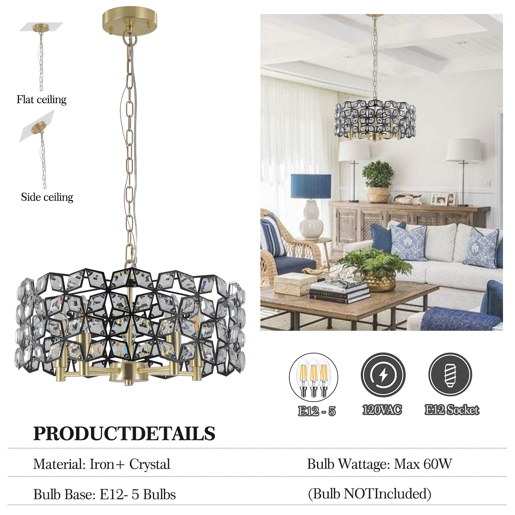 Contemporary Crystal and BlackGold Pendant Chandelier Geometric Modern Light Fixture