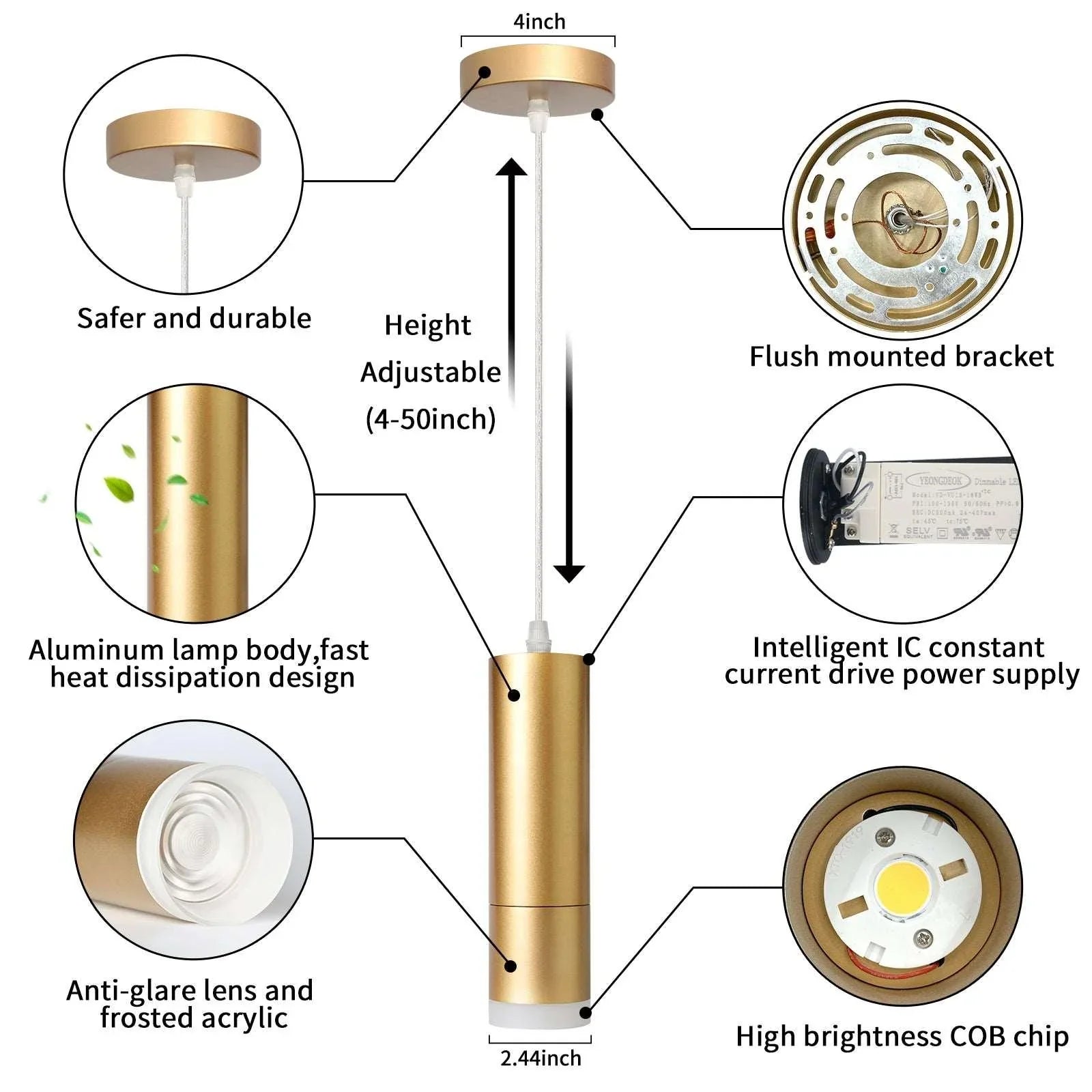 OKELI Gold LED Pendant Lights Modern Mini Kitchen Island Lights Adjustable Focus 1-Pack - okeli lights