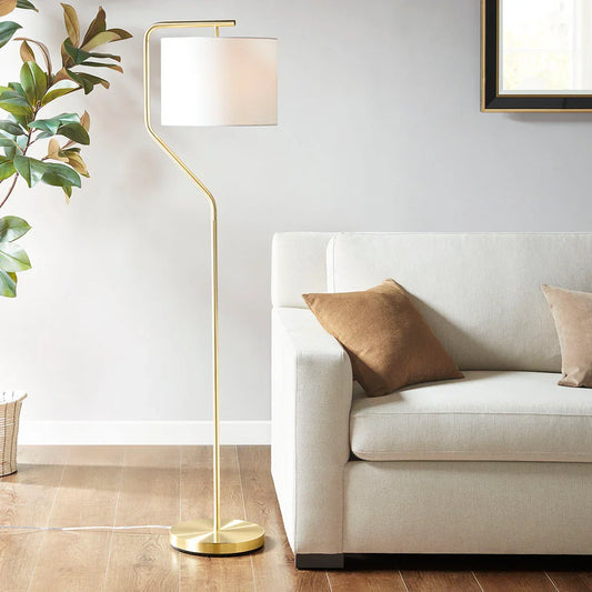 Gold Angular Arched Metal Floor Lamp Linen Drum-Shaped Shade - okeli lights