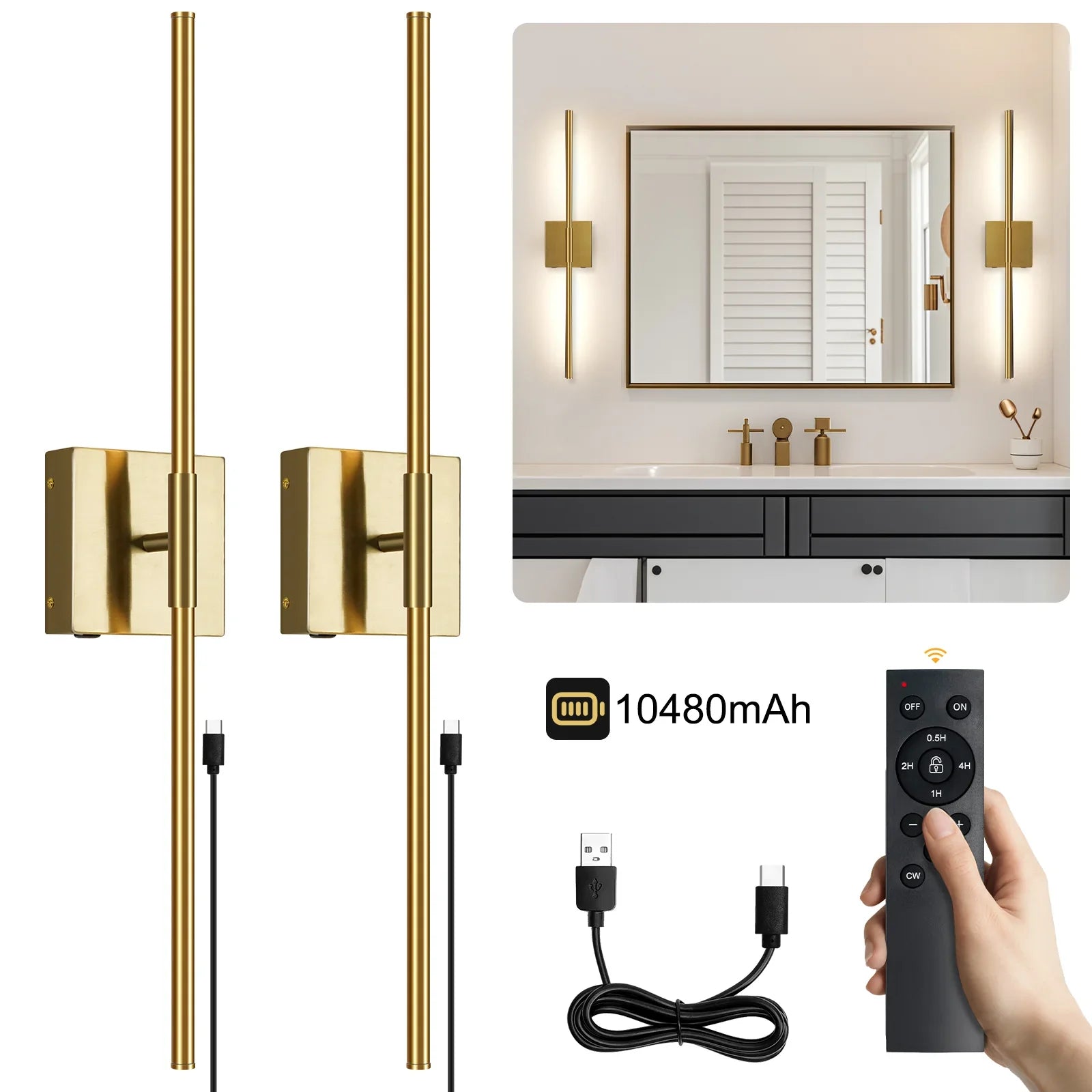 LED Rechargeable Sconces 2-Pack Battery Operated with Remote Control 350°Rotate - okeli lights