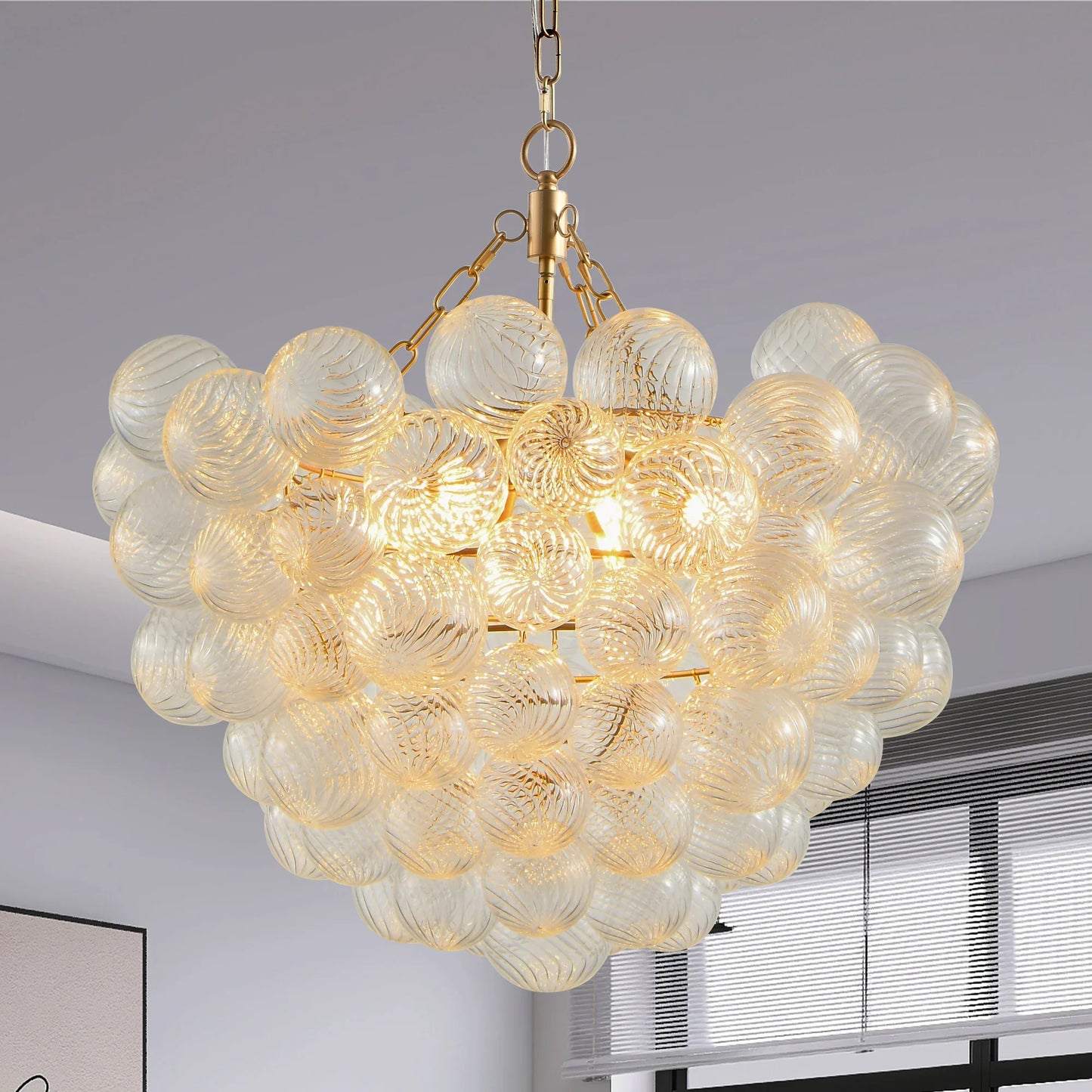 27.5-Inch Gold Pendant Light Chandelier with Threaded Clear Glass Globe Shade – Adjustable Height - okeli lights
