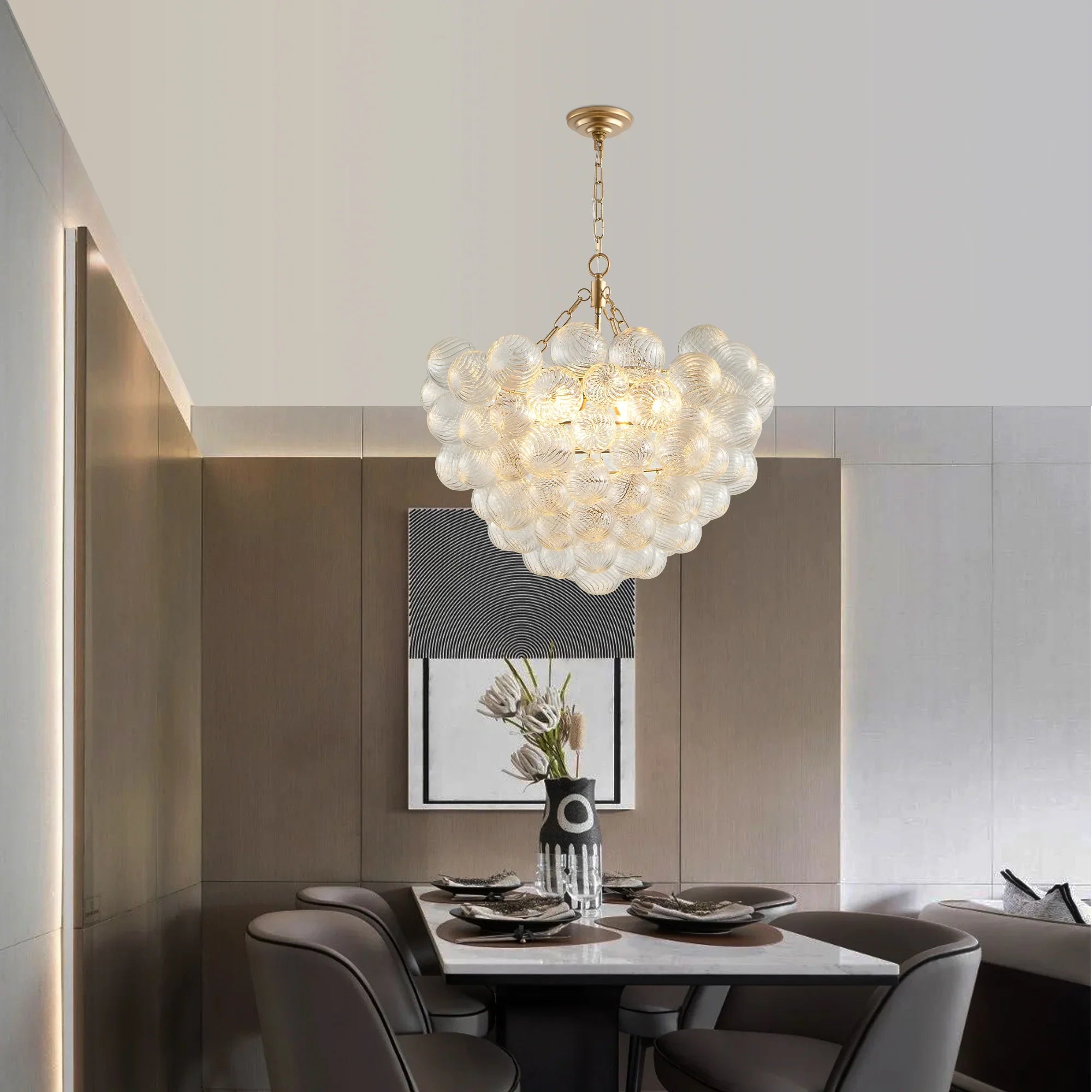 27.5-Inch Gold Pendant Light Chandelier with Threaded Clear Glass Globe Shade – Adjustable Height - okeli lights