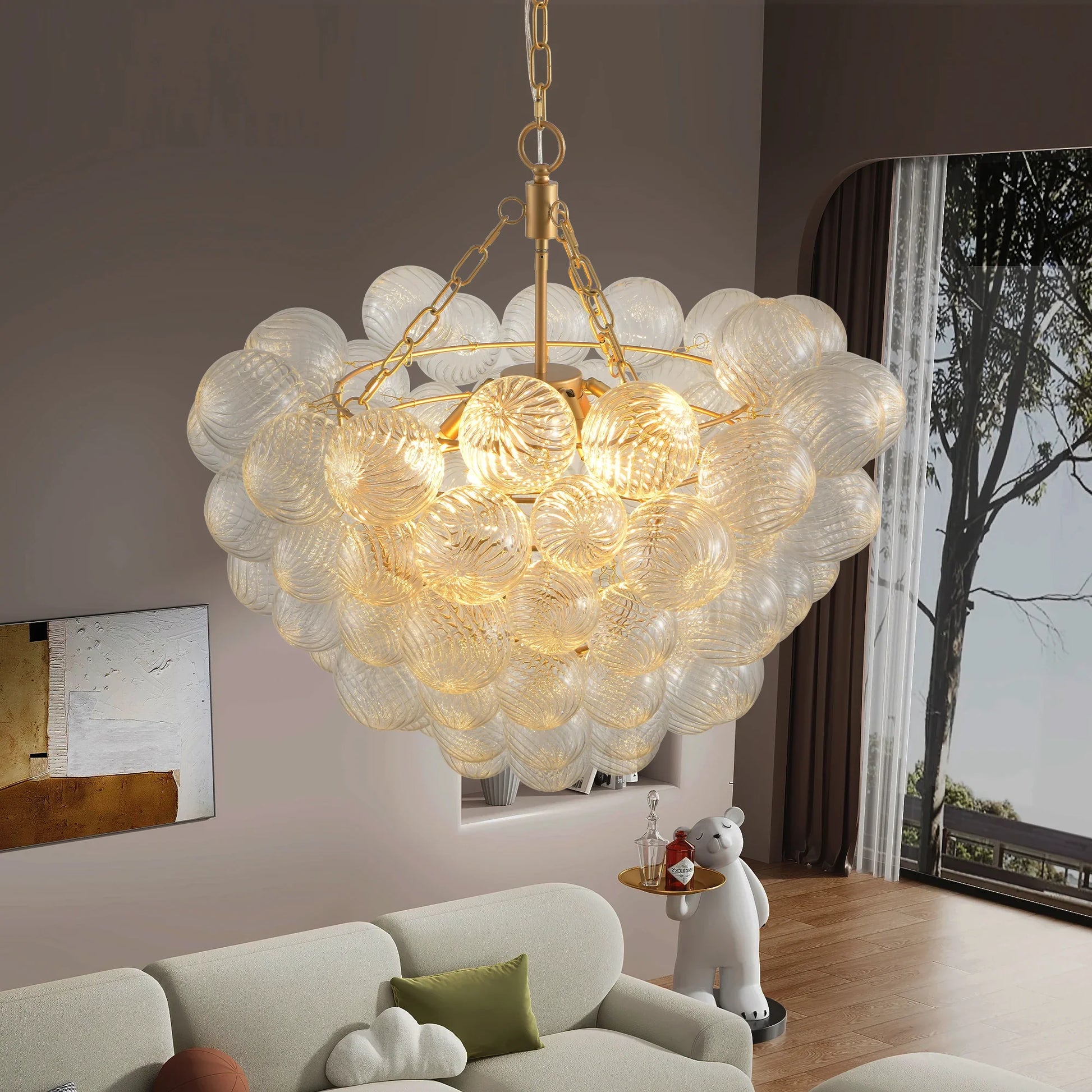 27.5-Inch Gold Pendant Light Chandelier with Threaded Clear Glass Globe Shade – Adjustable Height - okeli lights