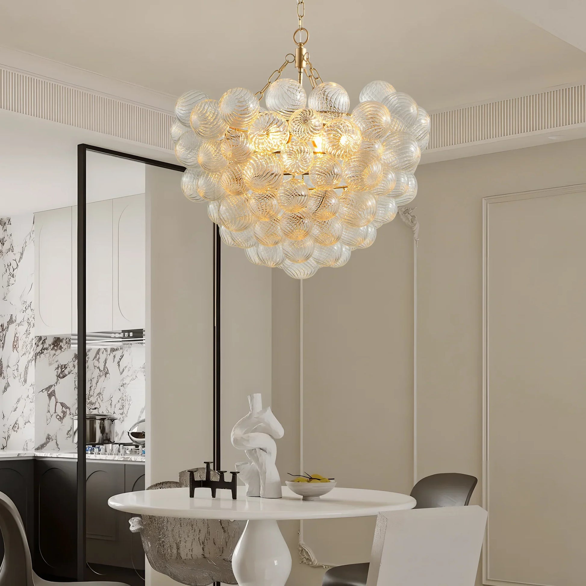 27.5-Inch Gold Pendant Light Chandelier with Threaded Clear Glass Globe Shade – Adjustable Height - okeli lights
