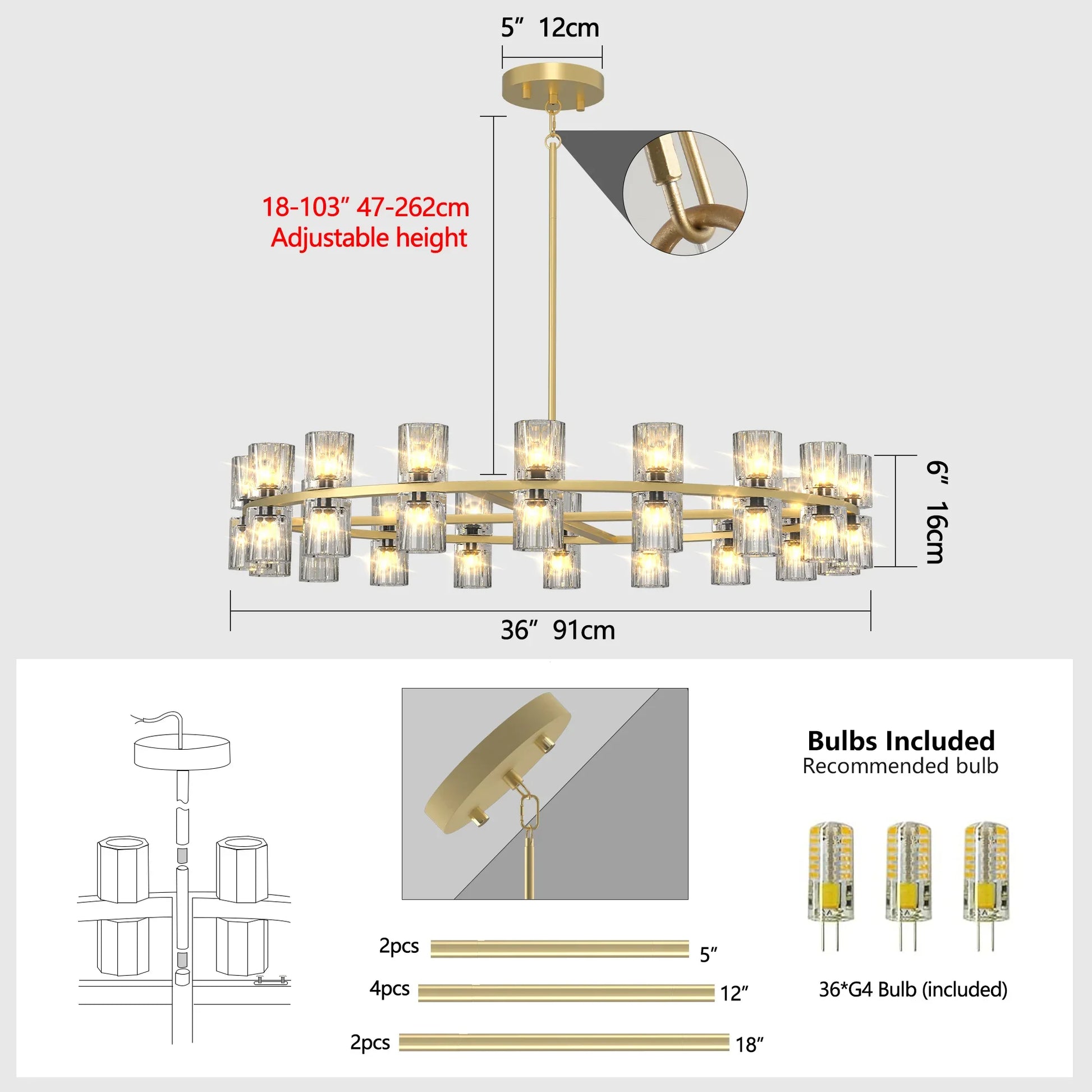 Modern 36" Gold Round Chandelier Light Fixture K9 Crystal Includes 36XG4 Bulbs - okeli lights