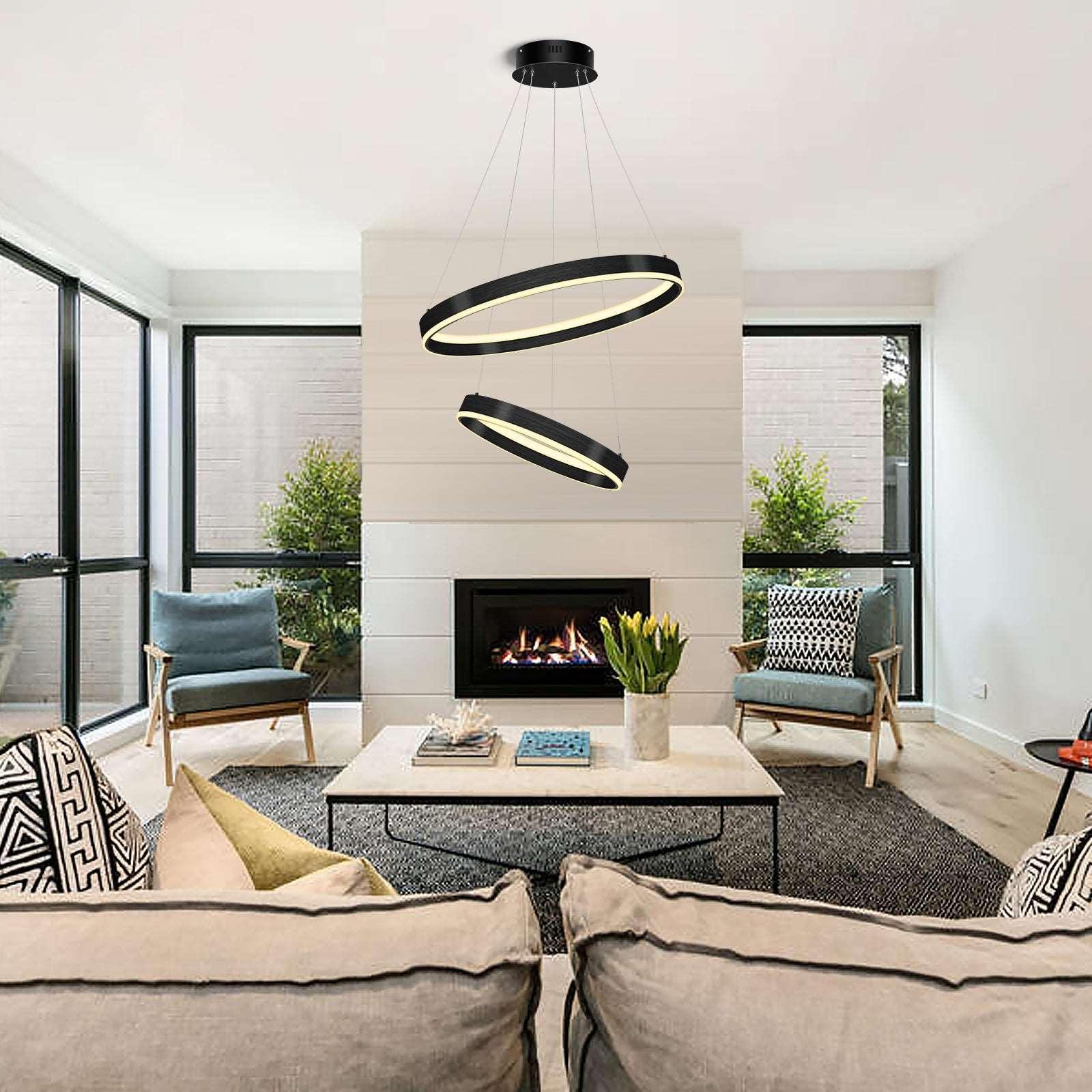 OKELI Modern LED Black Chandelier,Dimmable Circular Pendant Lights 2-Rings - okeli lights
