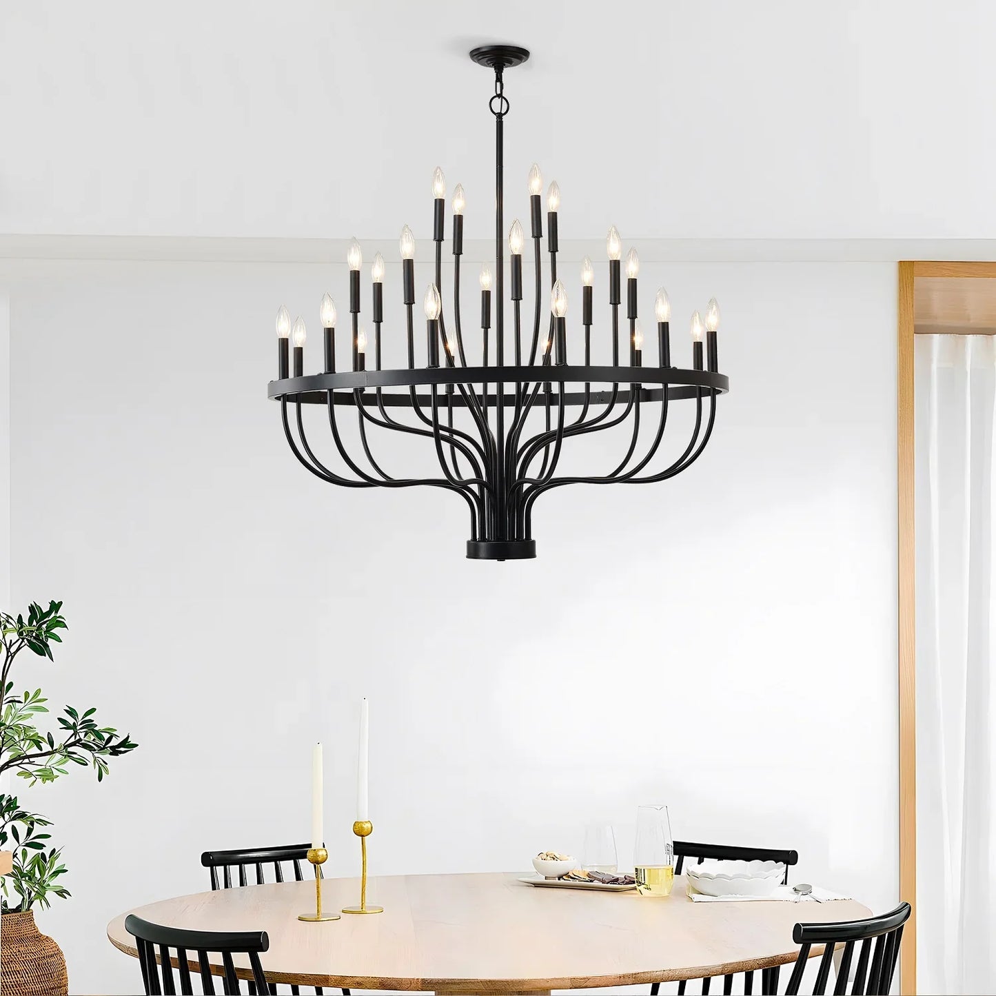 Industrial Iron Candle Chandelier 24-Light Black Modern Farmhouse Pendant Light Fixture for Dining Room - okeli lights