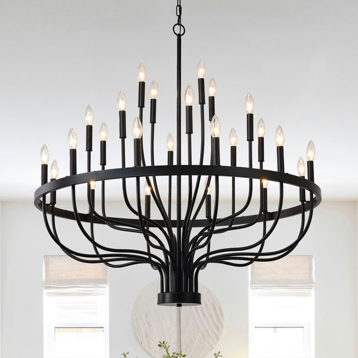 Industrial Iron Candle Chandelier 24-Light Black Modern Farmhouse Pendant Light Fixture for Dining Room