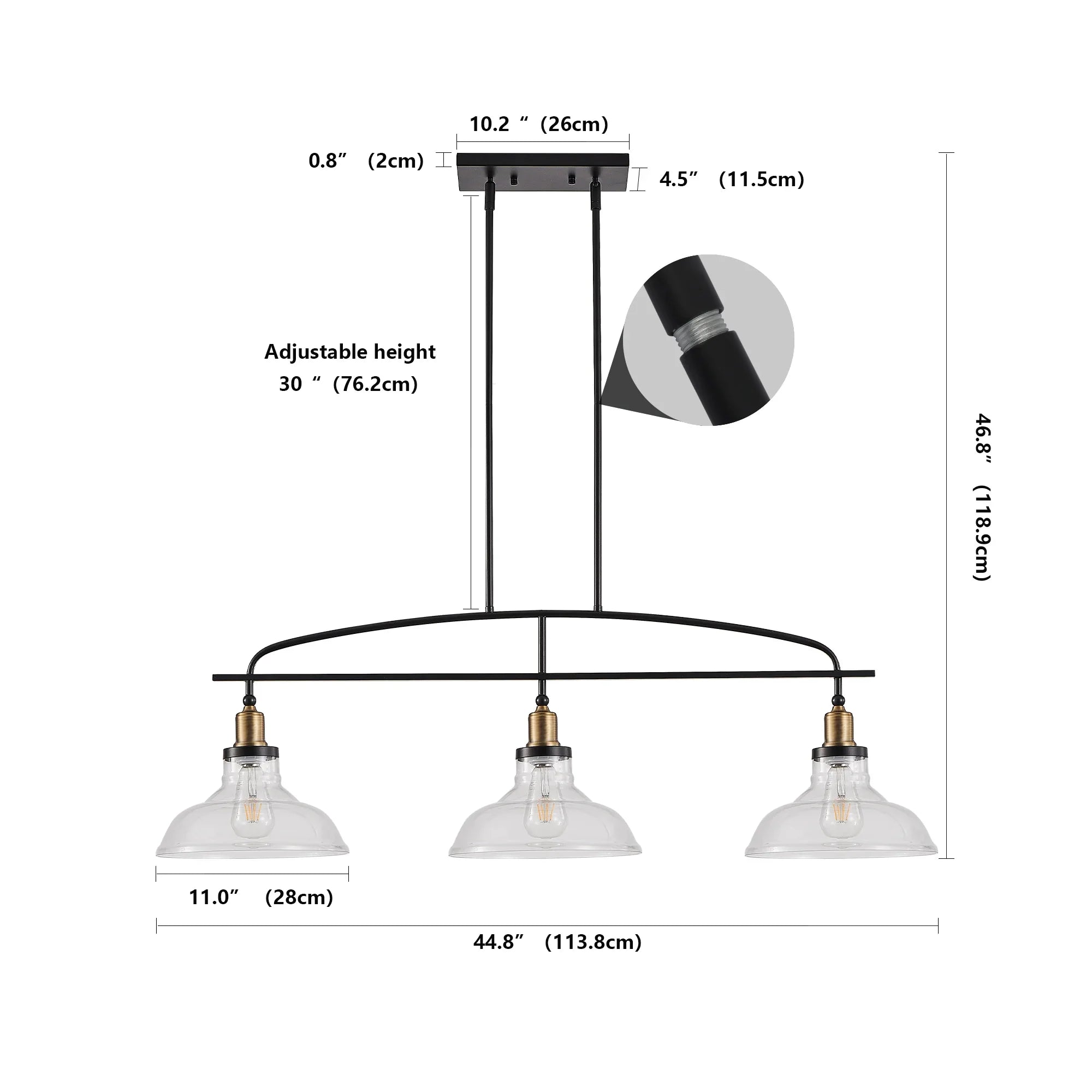 45" Industrial 3-Light Pendant Chandelier with Clear Glass Shades, Adjustable Height, Farmhouse Lighting - okeli lights