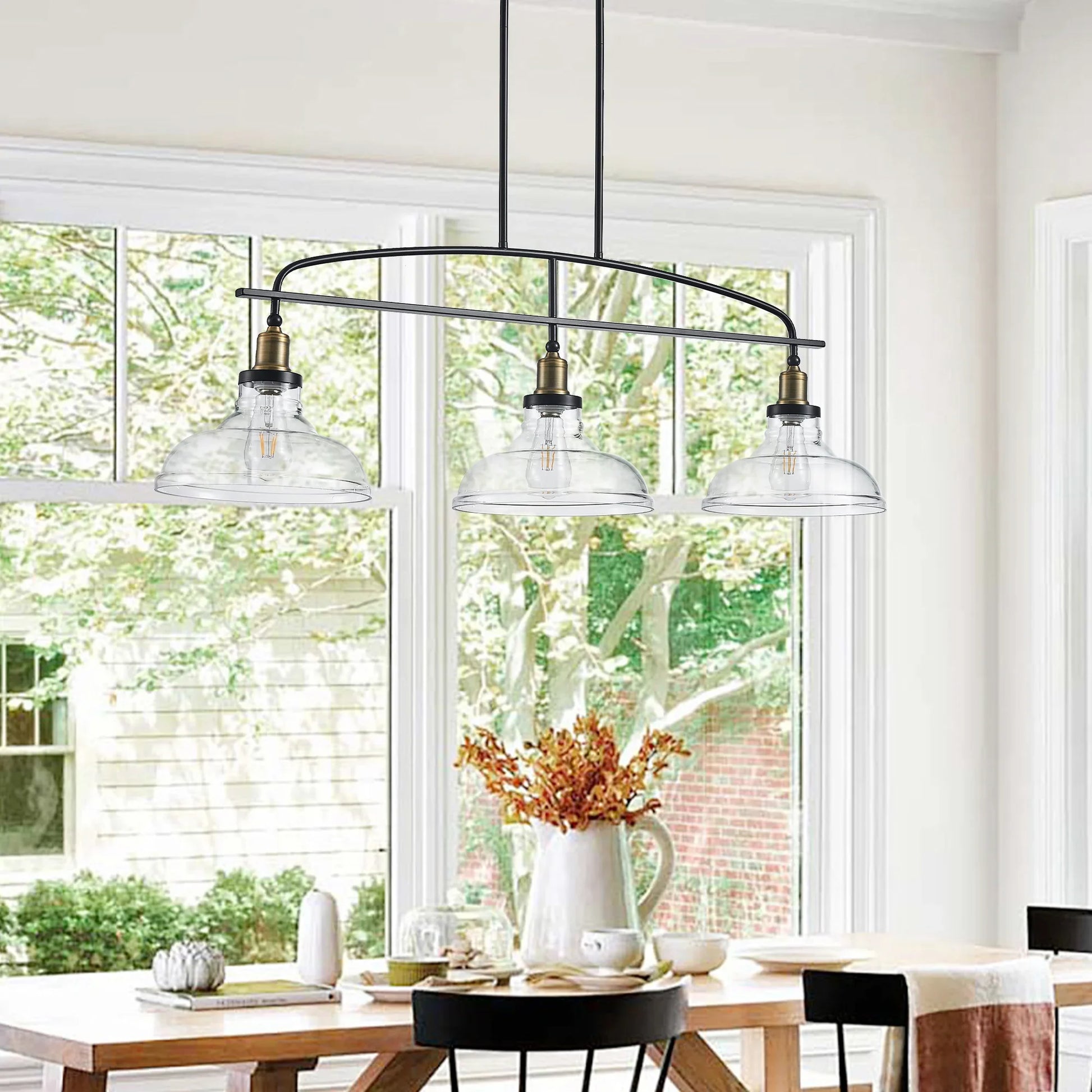 45" Industrial 3-Light Pendant Chandelier with Clear Glass Shades, Adjustable Height, Farmhouse Lighting - okeli lights