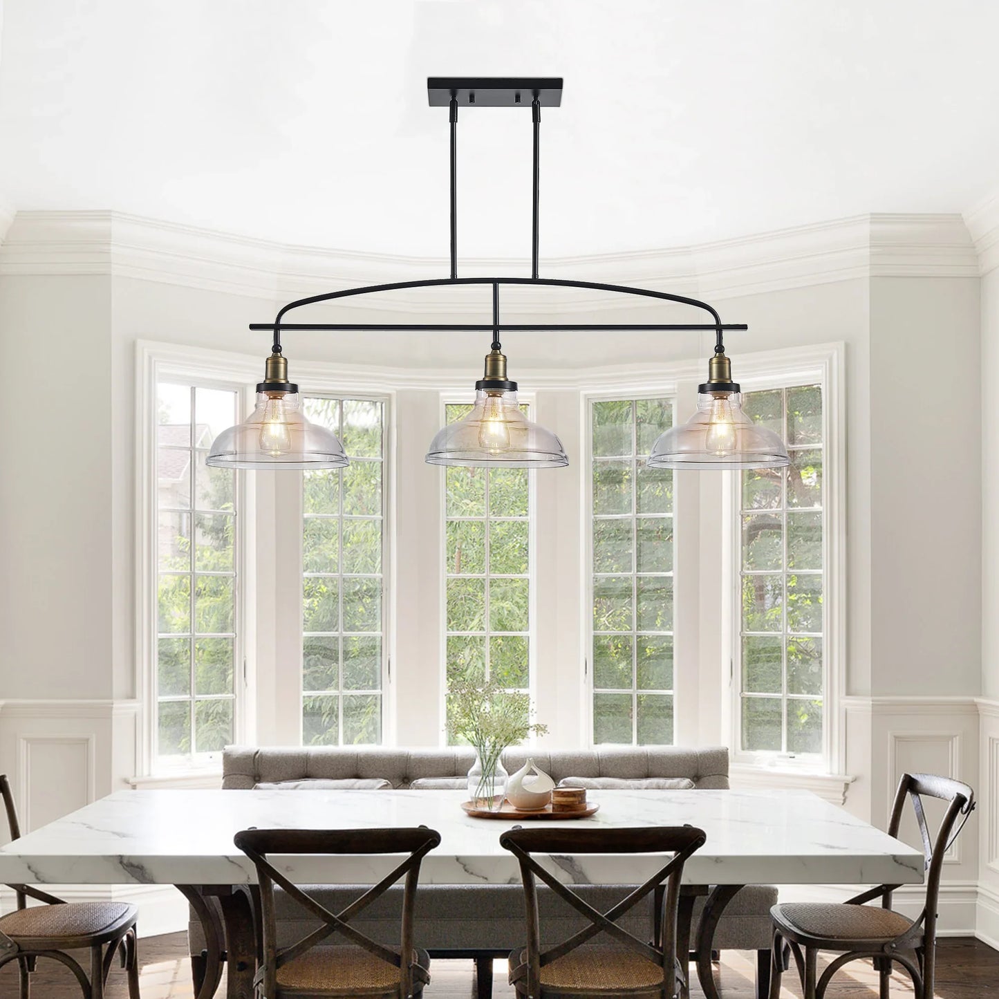 45" Industrial 3-Light Pendant Chandelier with Clear Glass Shades, Adjustable Height, Farmhouse Lighting - okeli lights