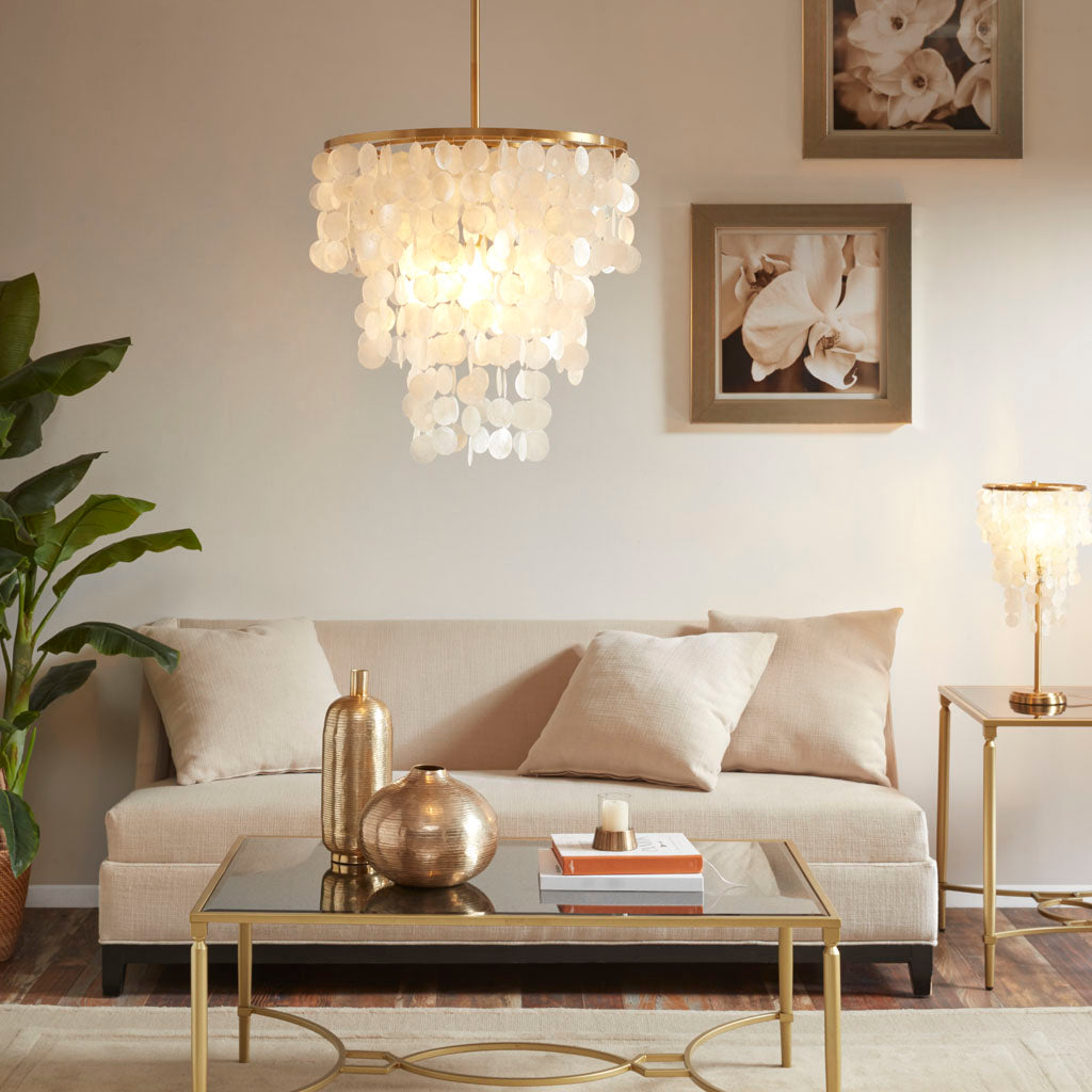 Layered Capiz Shell Chandelier Modern Coastal Pendant Light for Dining Room, Living Room & Foyer